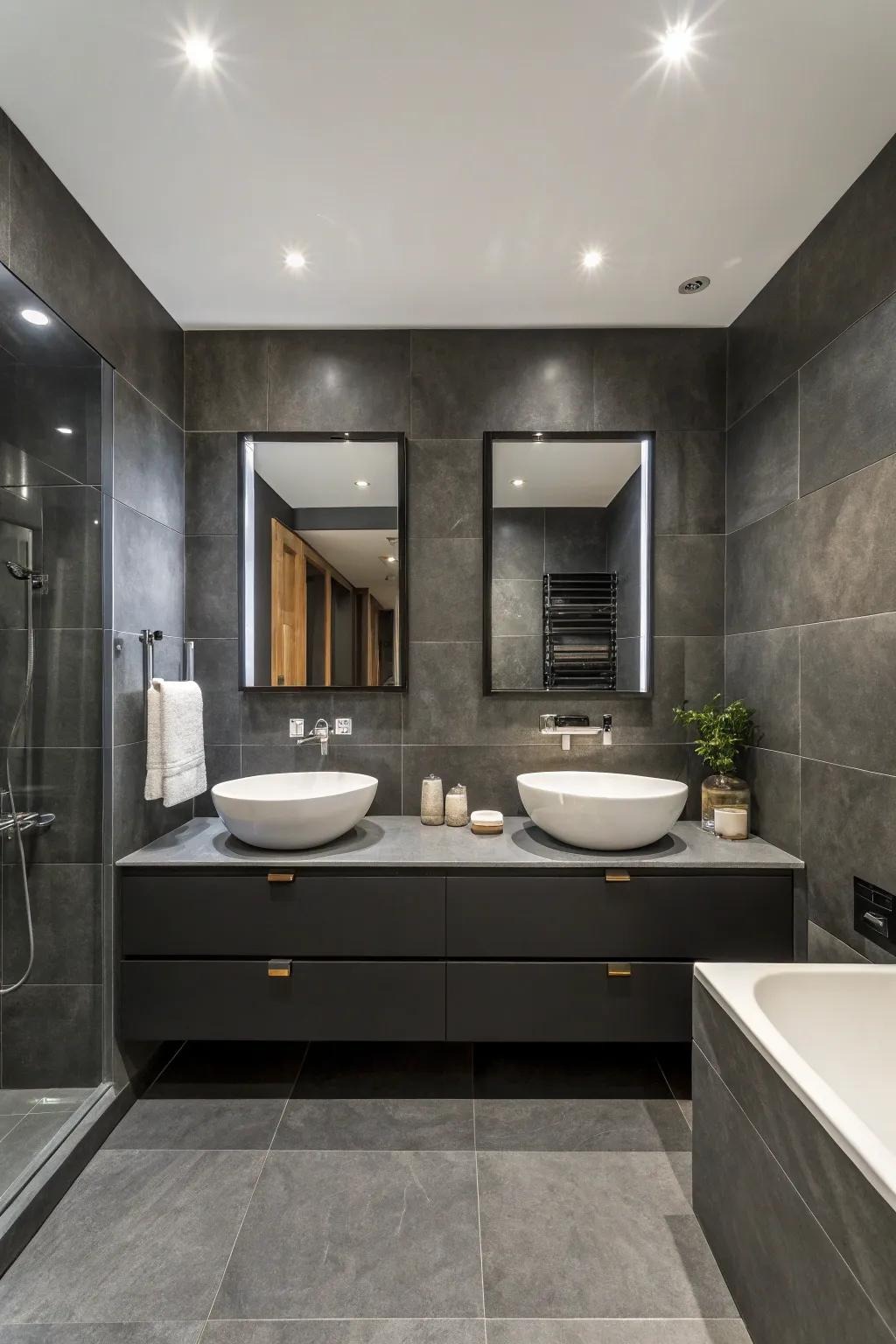 Brooding coal fashions a striking and cozy restroom setting.