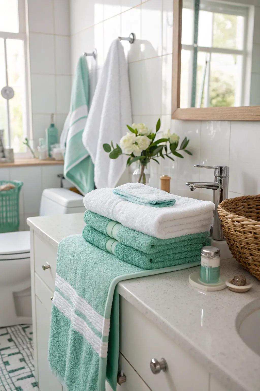 Mint and white cloths bring a refreshing and clean touch.