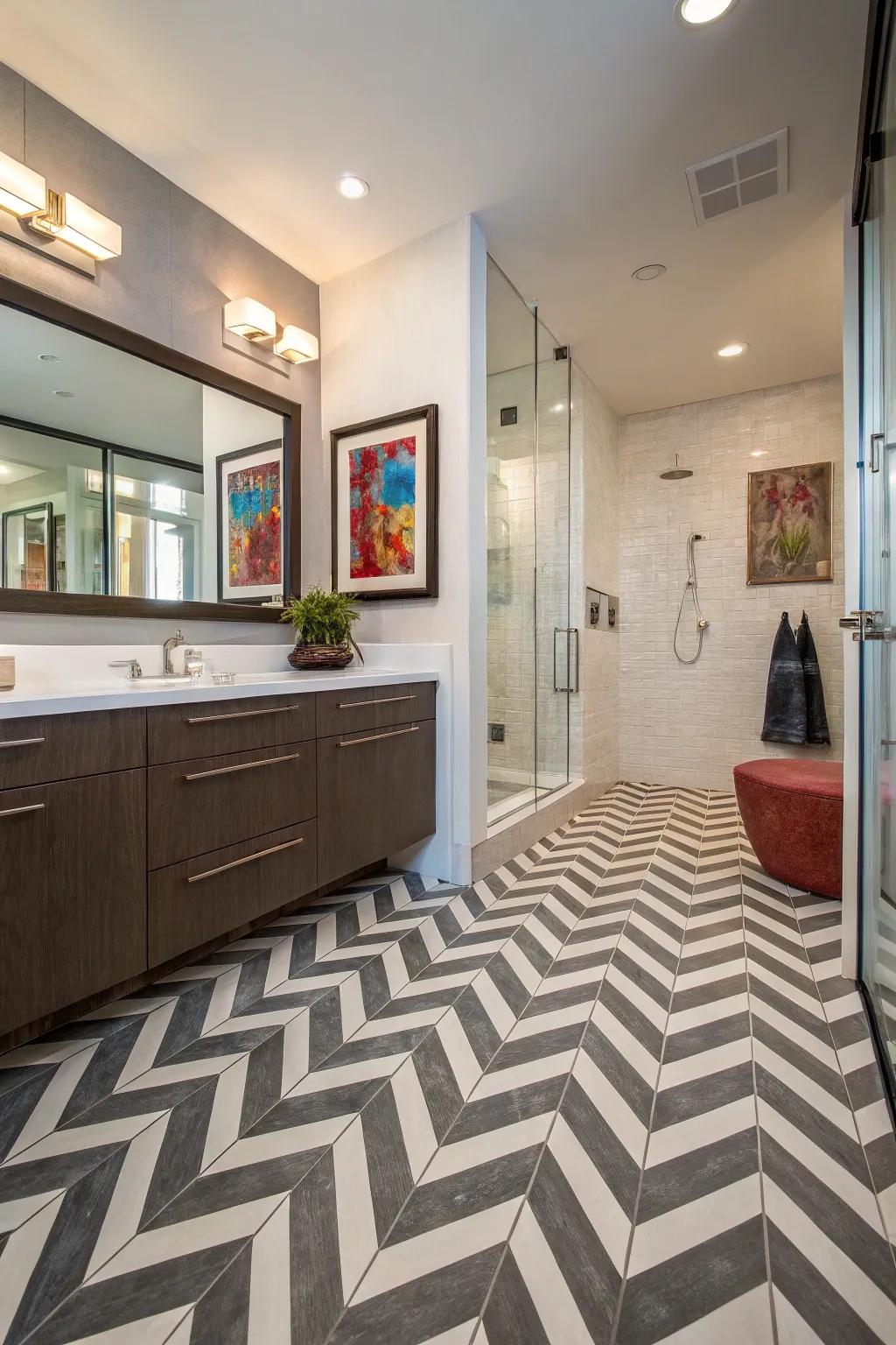 Chevron floor covering adds dynamic energy to this stylish bathroom.