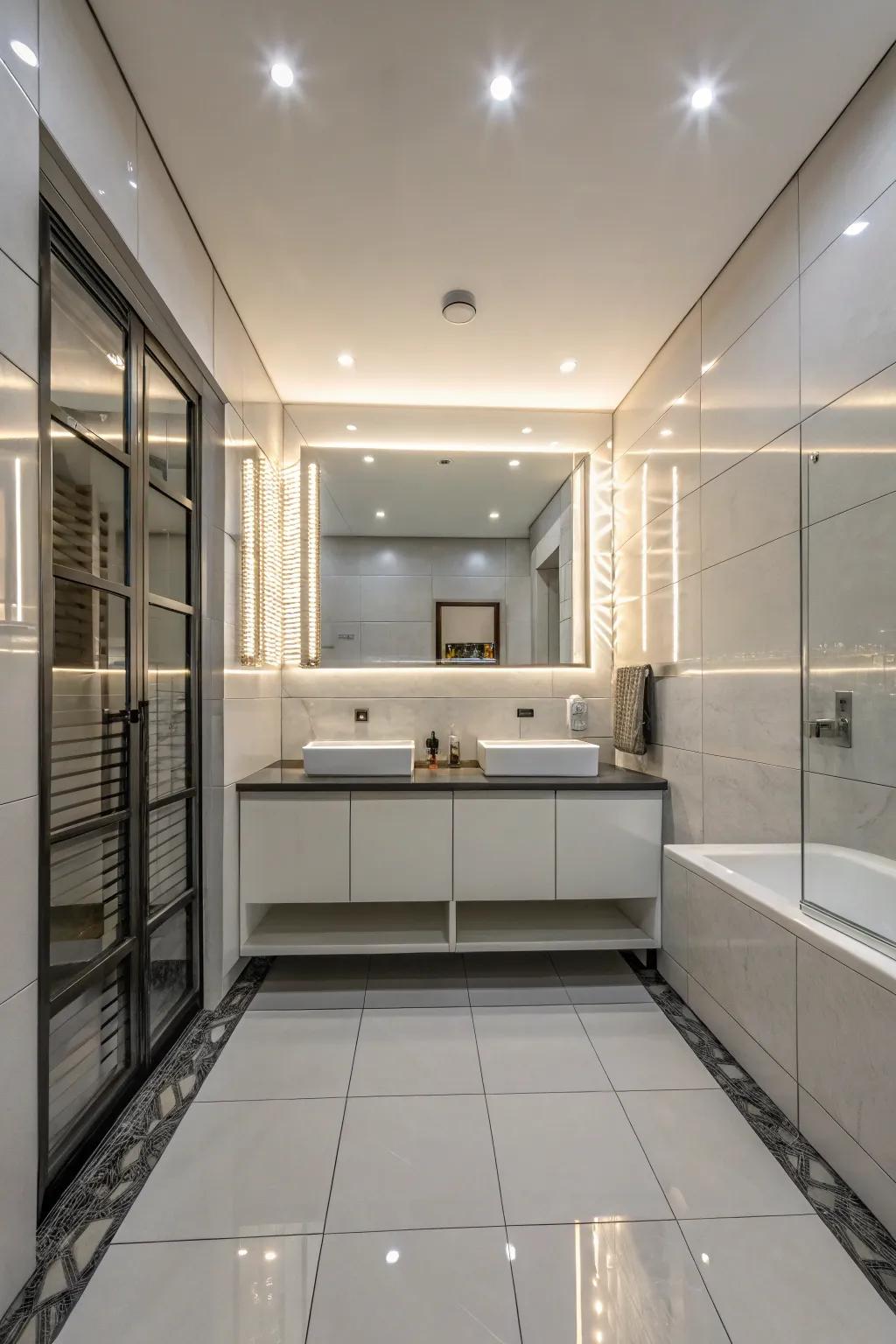 Lustrous tiles enhance illumination and space inside the bathroom.