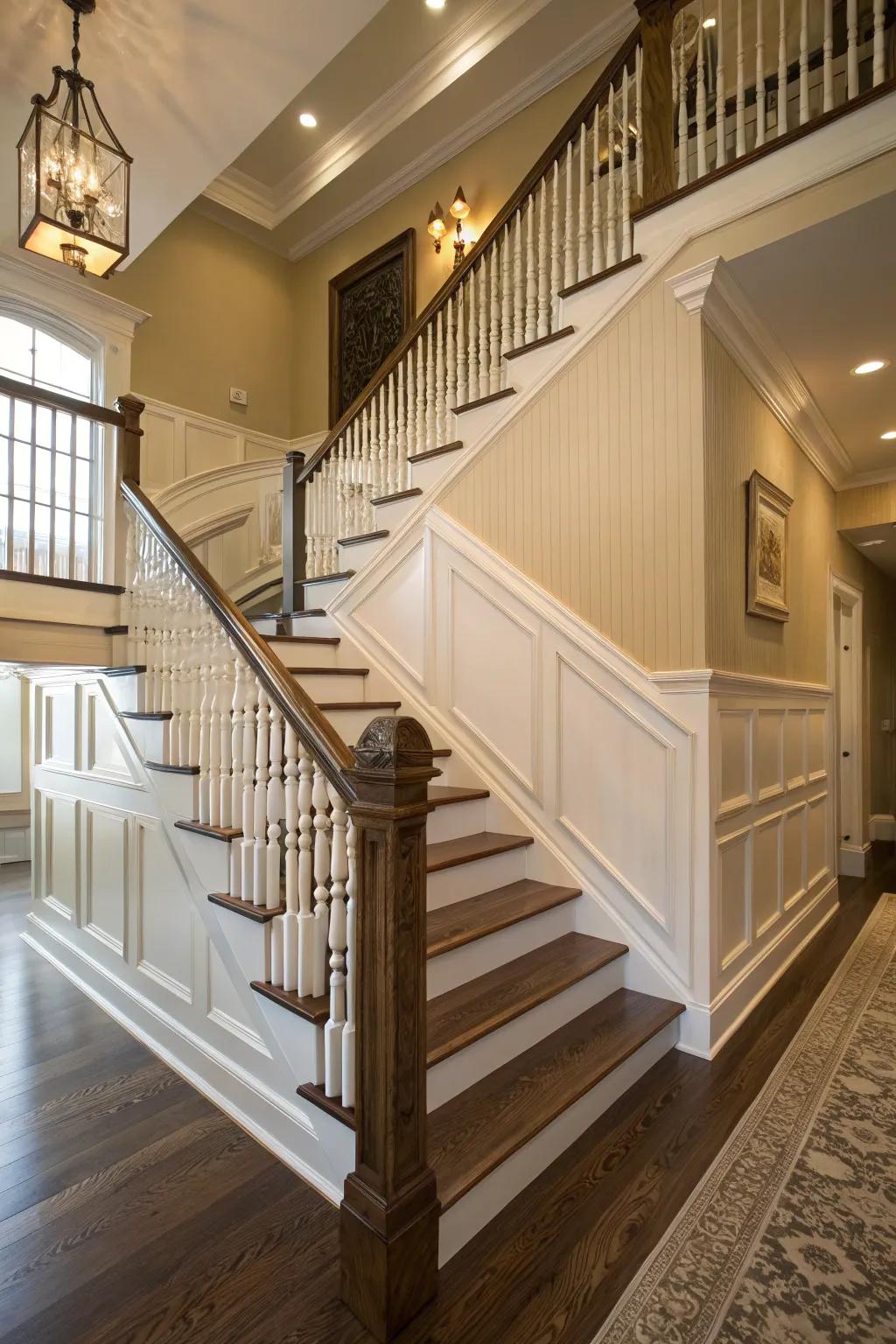 A fashionable staircase with planking trim.