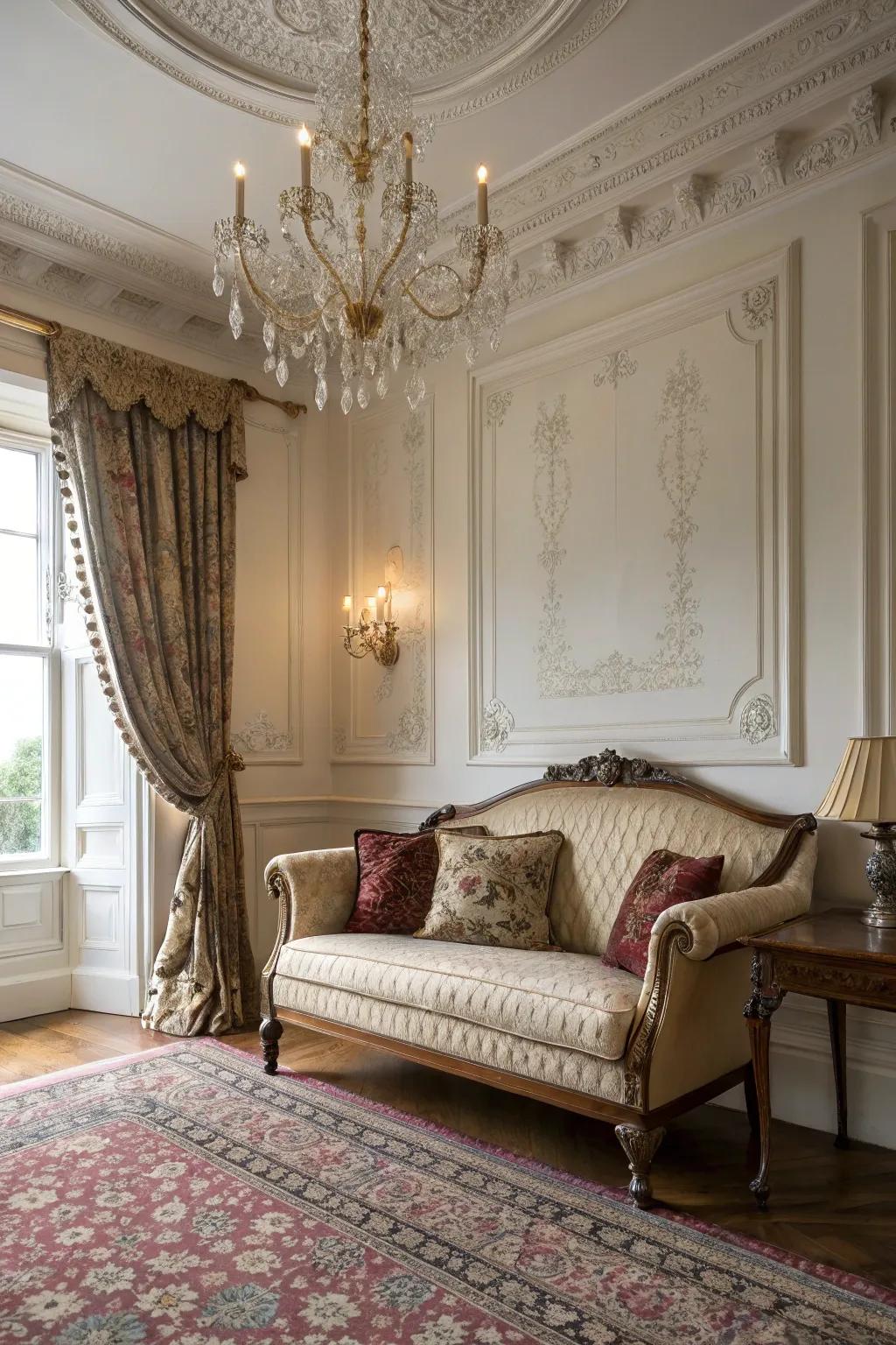 A Royal small couch in a sleeping quarters, providing luxury and historical appeal.