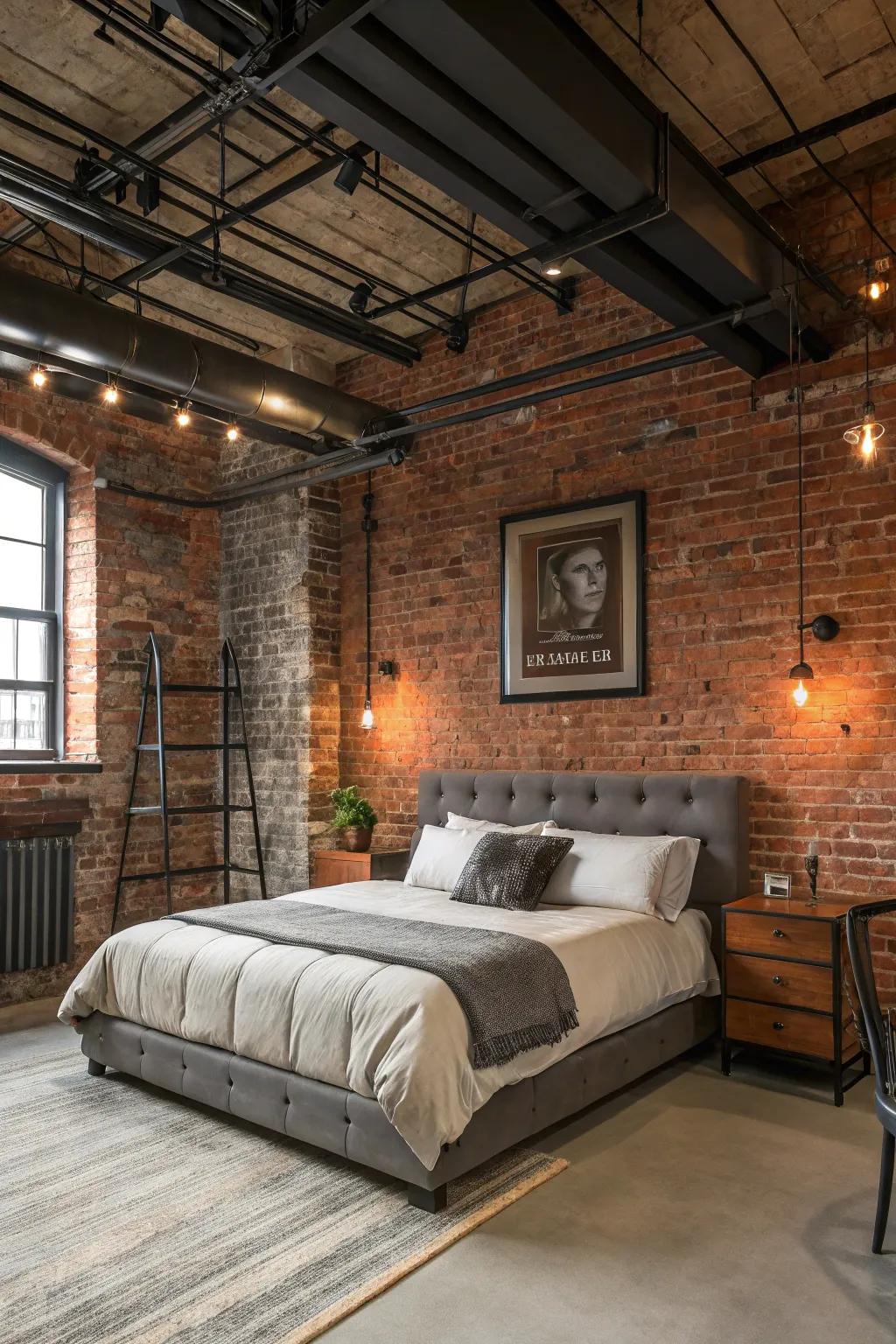 Bare brick and metal flashes make a factory loft style in this modern bedroom.