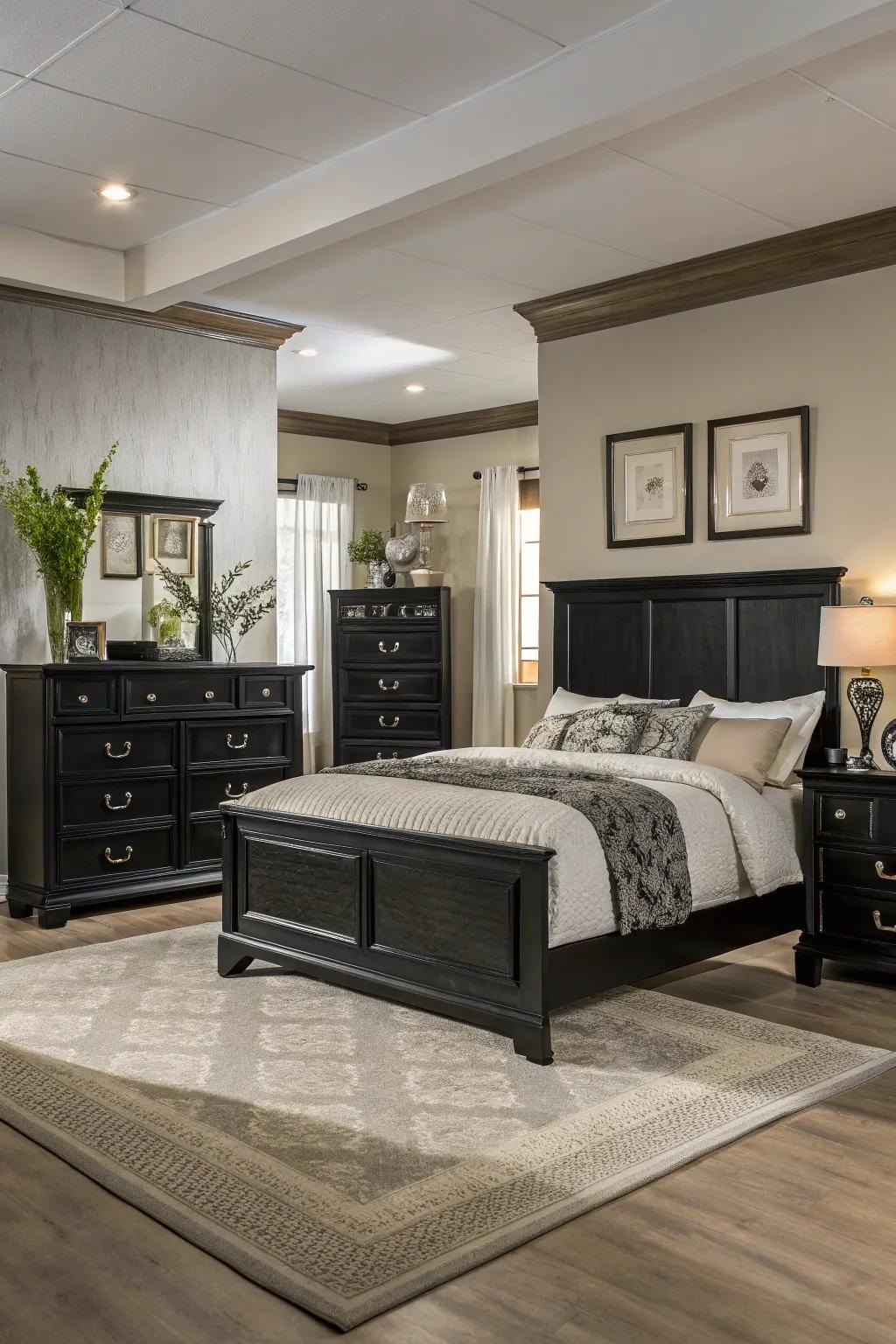 Symmetrical design introduces balance and harmony in a room with black furniture.