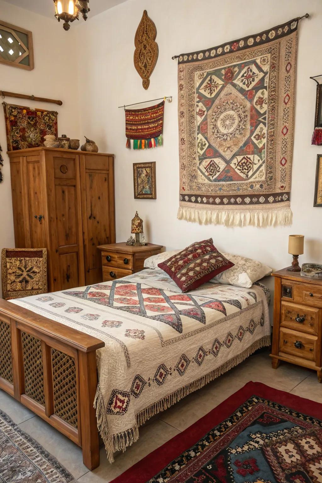 Cultural elements add a unique and personal touch to the bedroom.