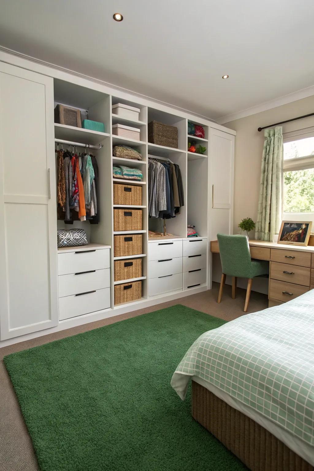 Smart storage organizes the room.