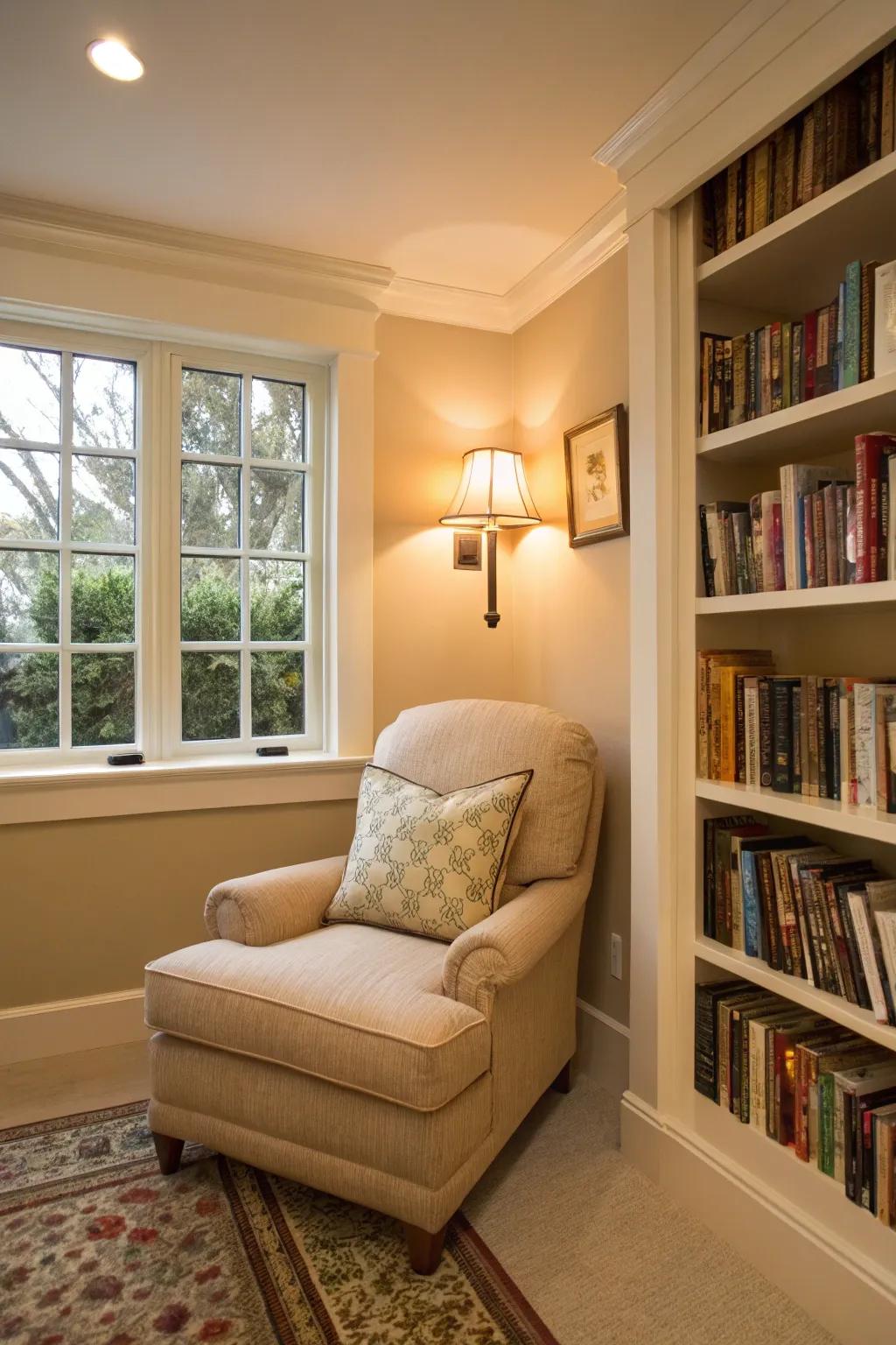 A snug quiet area in beige offers a perfect escape.