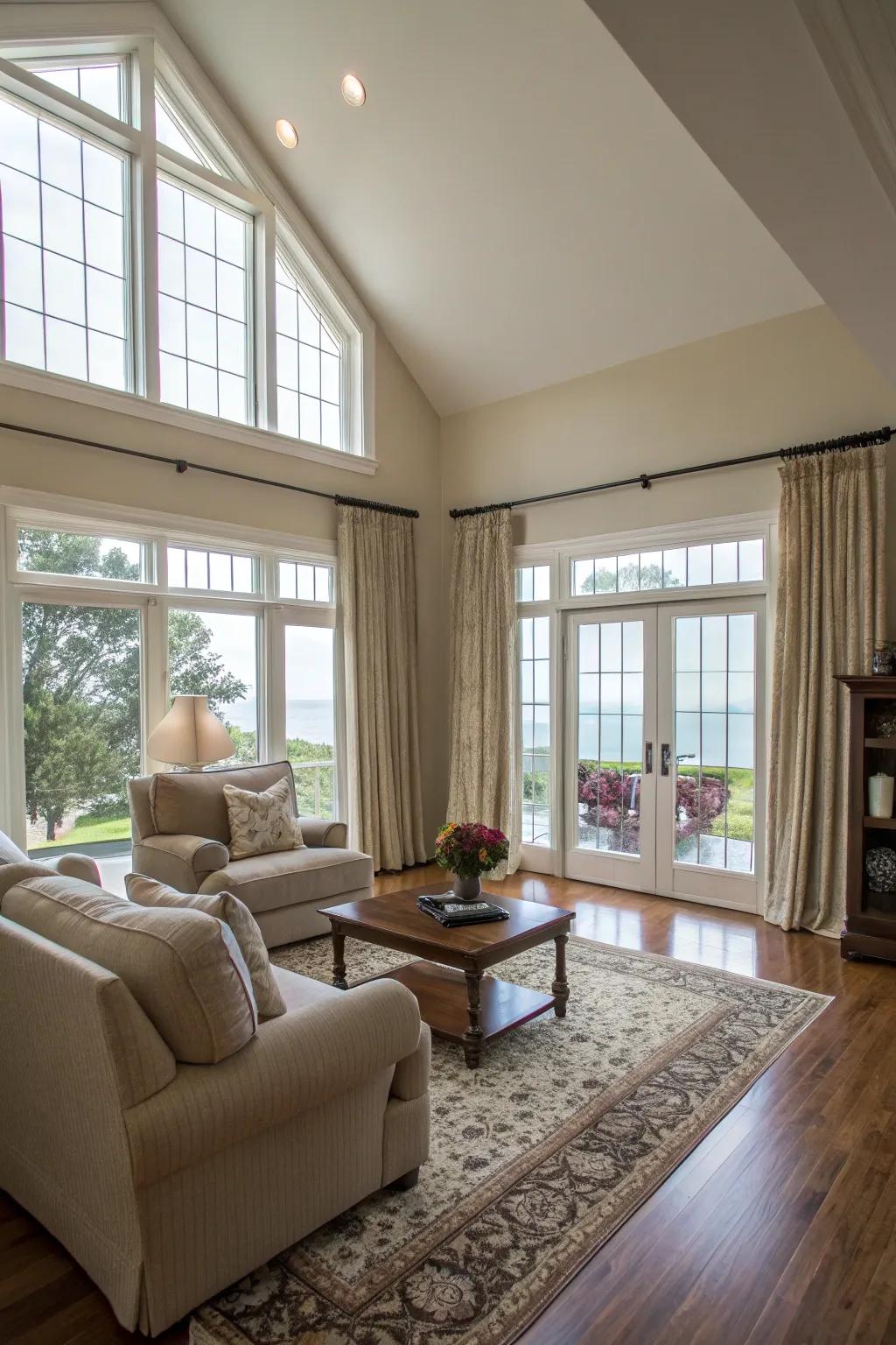 Ceiling-to-floor curtains create a sense of height and grandeur.