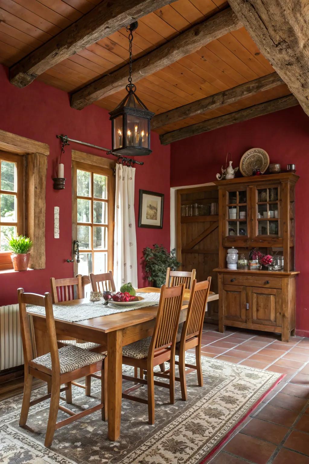 Barn crimson gives eating areas a rustic charm.