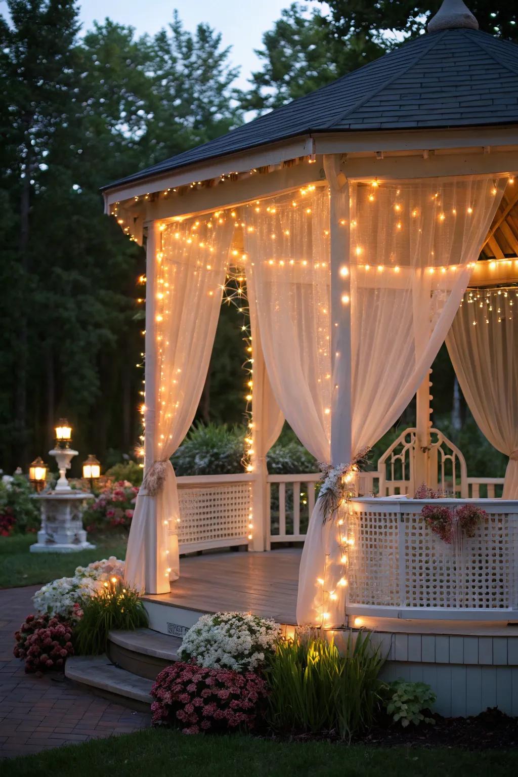 Curtain lights contribute elegance and glamour to any gazebo.