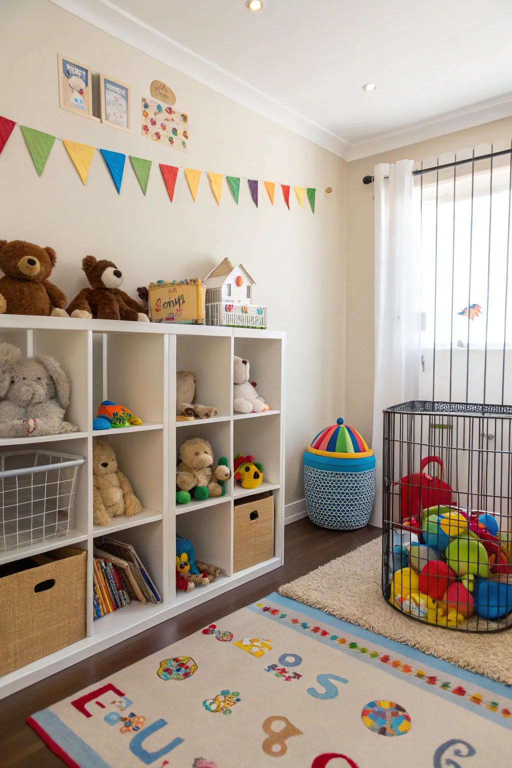 Cubbies and cages give structural toy storage.