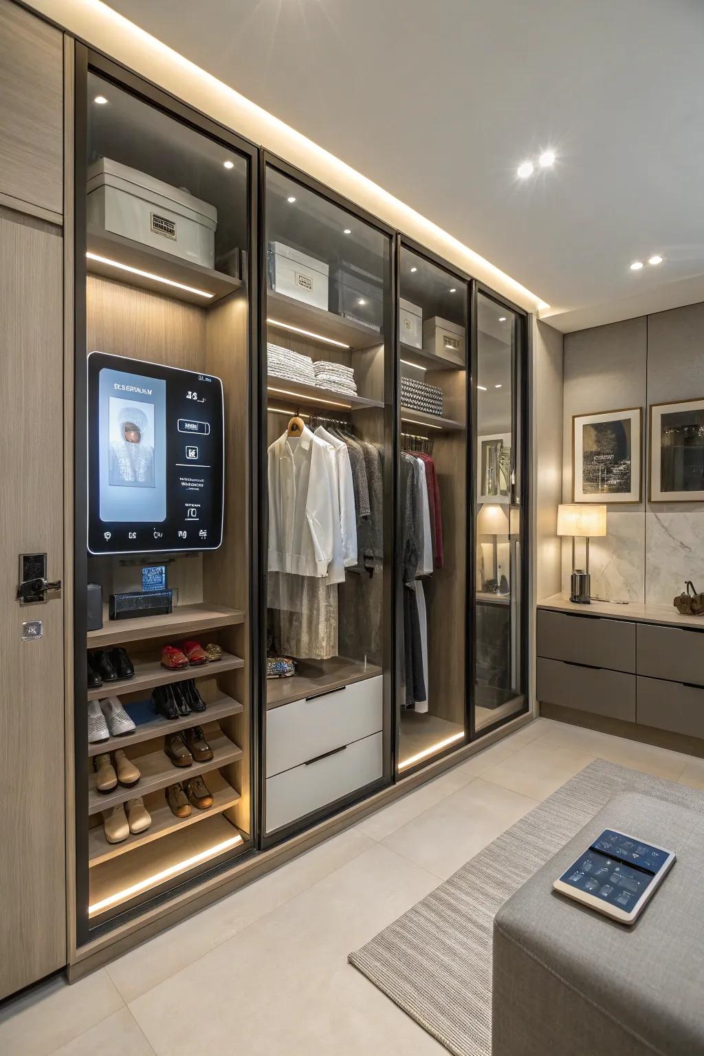 A modern closet outfitted with intelligent technology features.