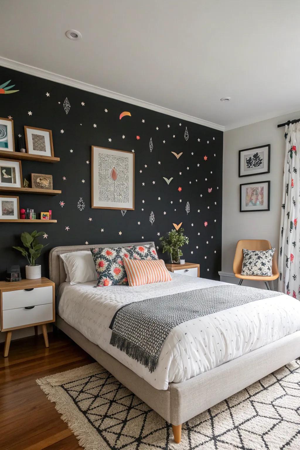Patterns add a dynamic element to a black accent wall in this bedroom.