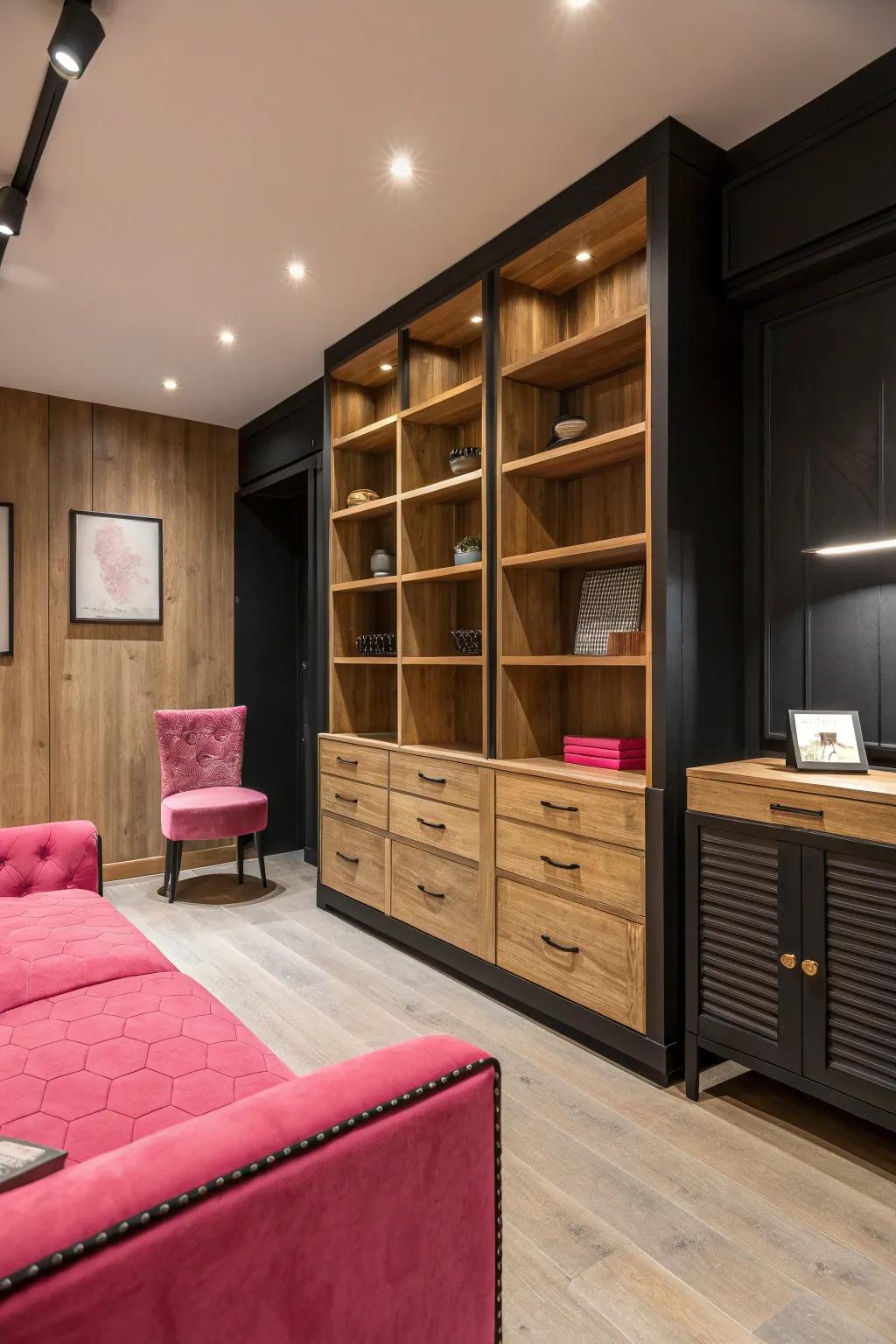 Natural aspects like wood add warmth and balance to the design.