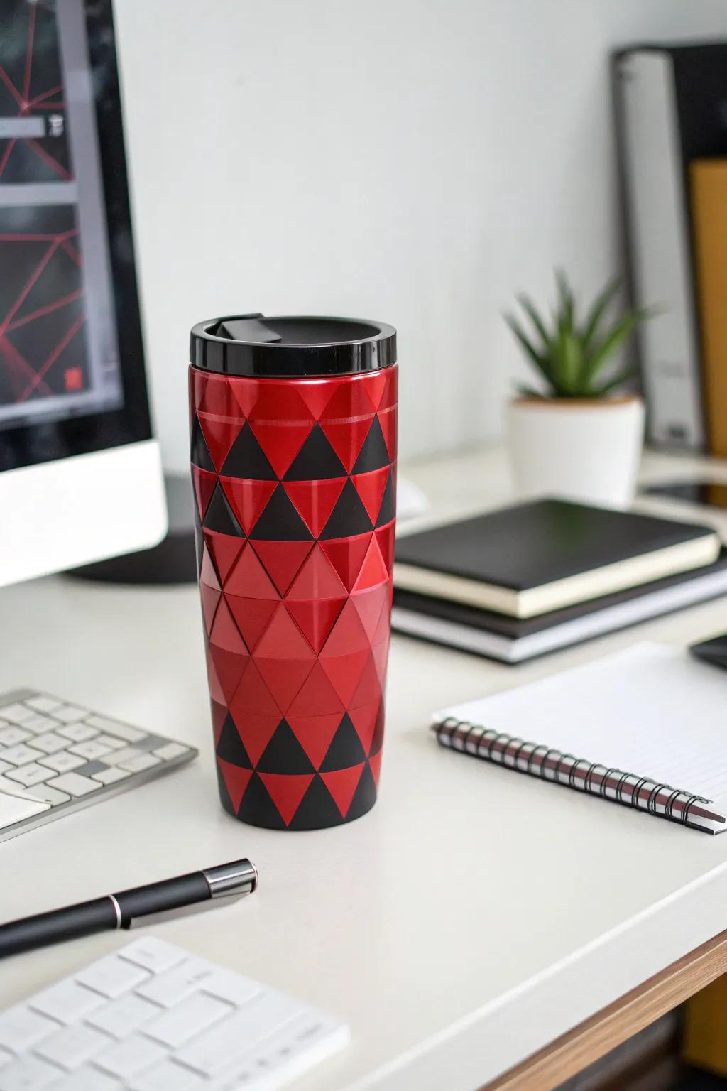 Modern geometric shapes in red and black for a stylish touch.