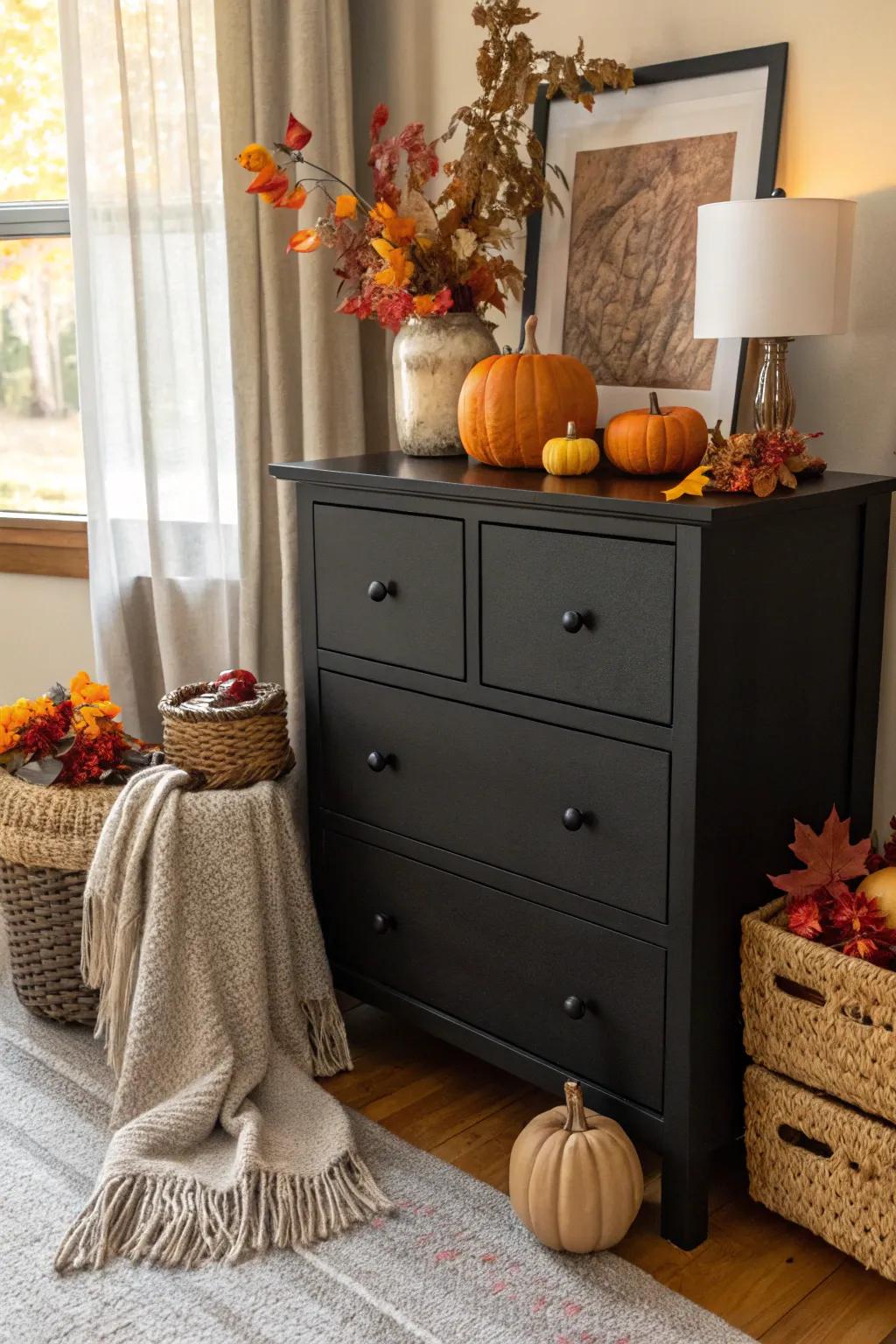 An ebony chest adorned with seasonal decor for a fresh appearance.