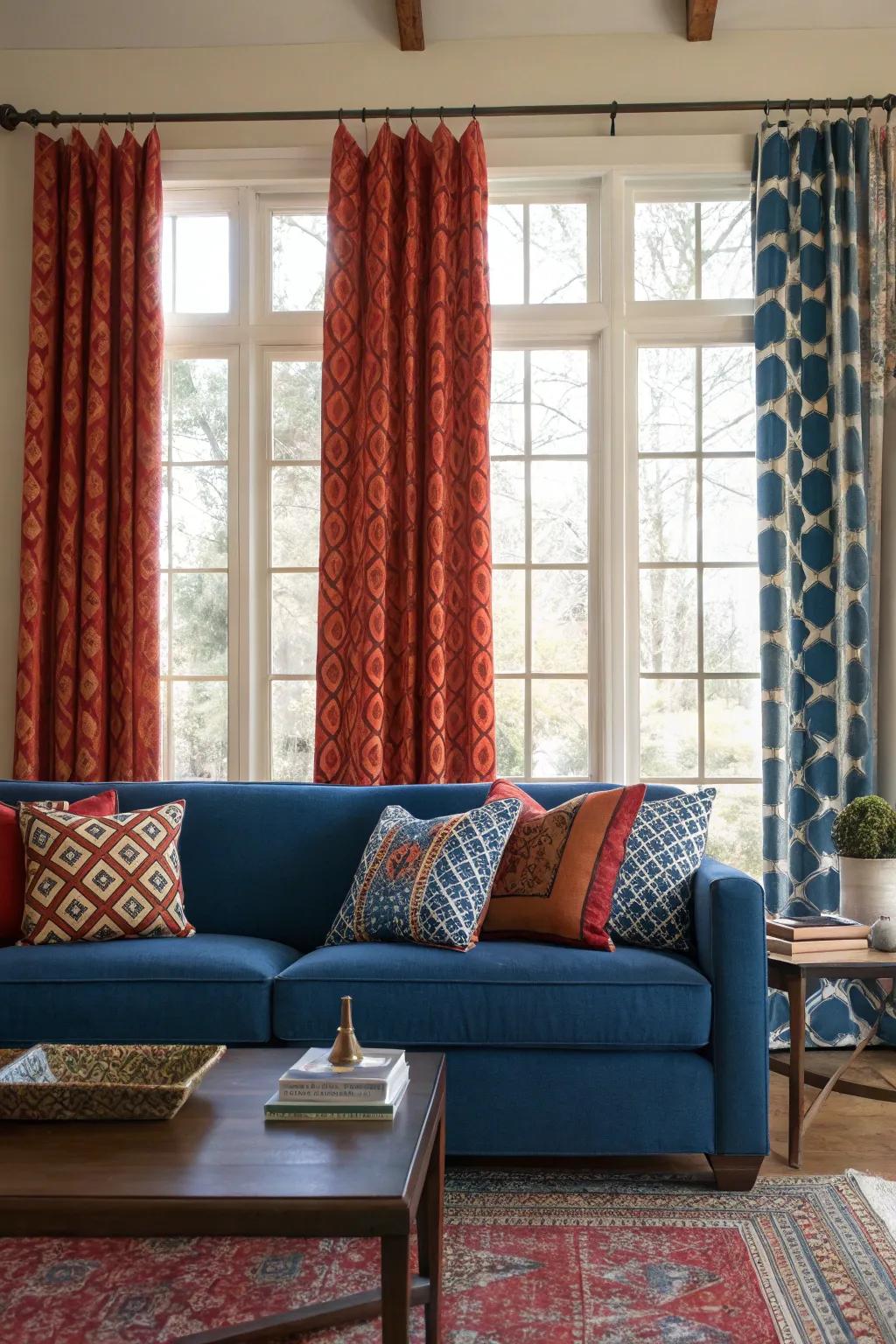 Daring curtains add a fashionable statement to the family room.