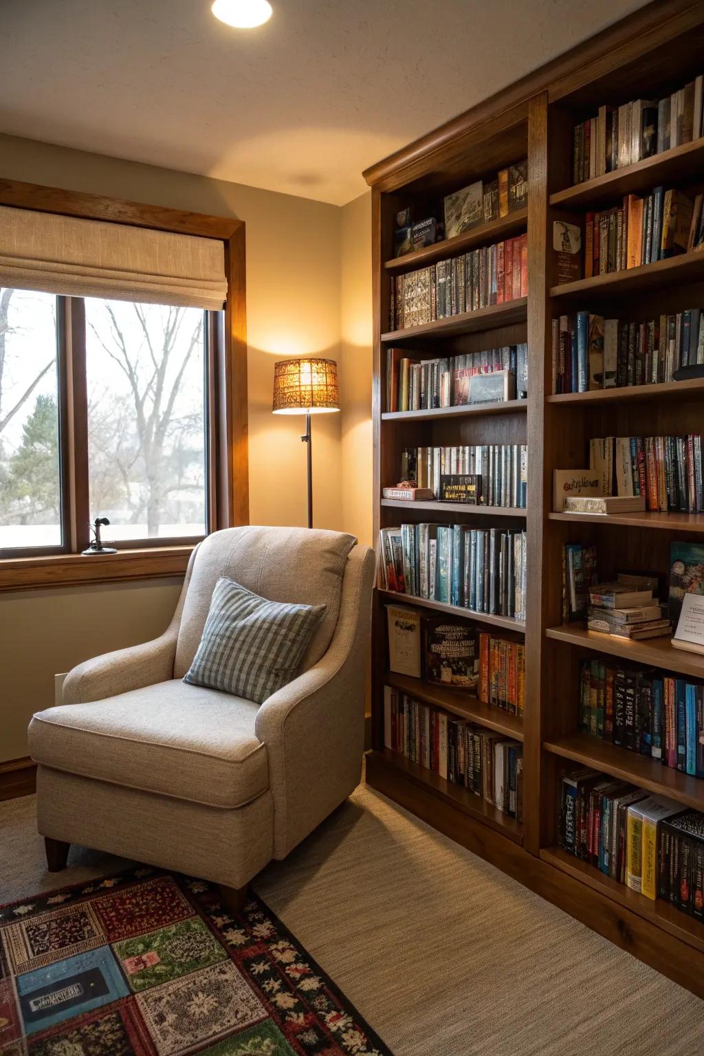 A perusing alcove furnishes a serene retreat for game preparation and relaxation.