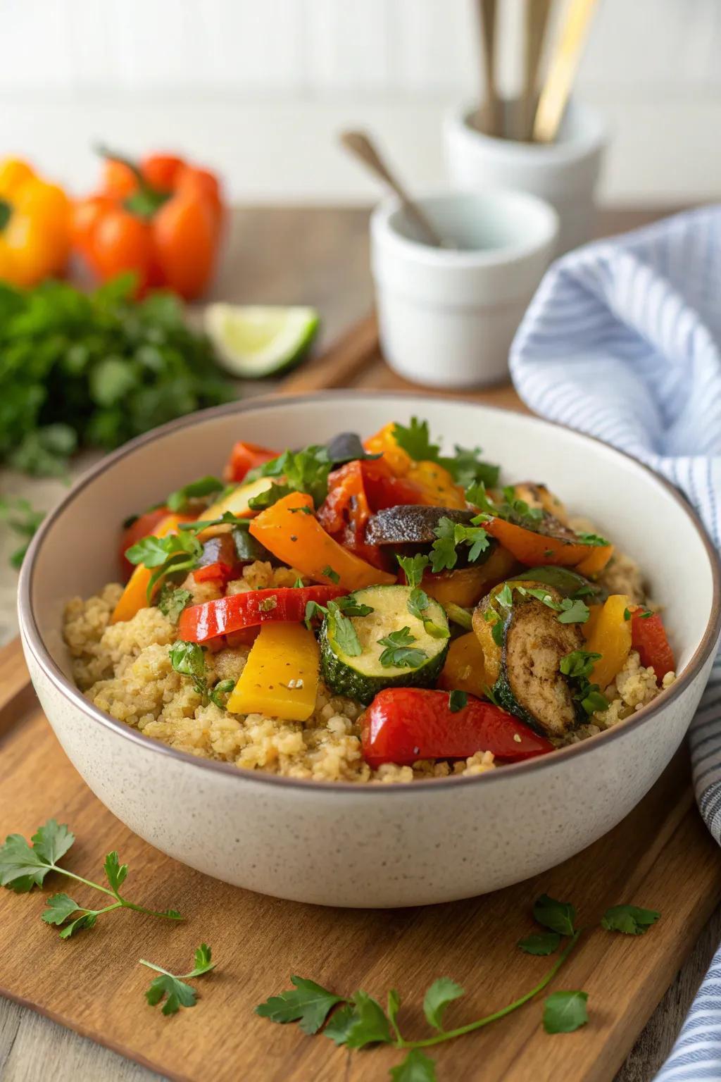 A nutritious grain bowl with roasted vegetables—fuel your day.