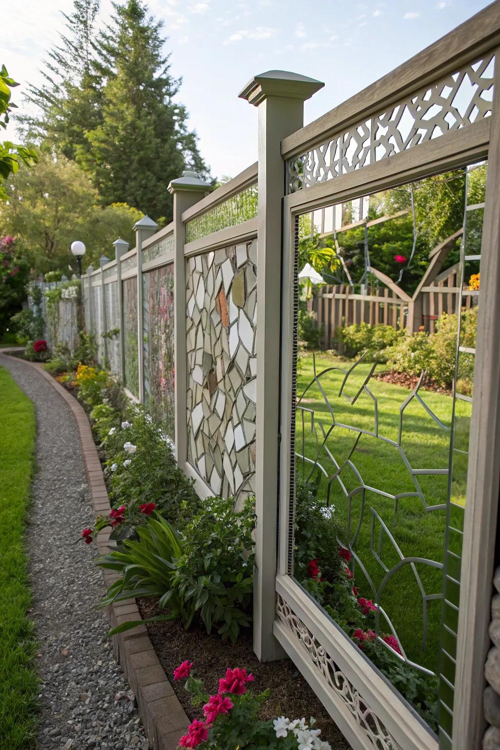 A mirror mosaic barrier introduces charm to outdoor areas.