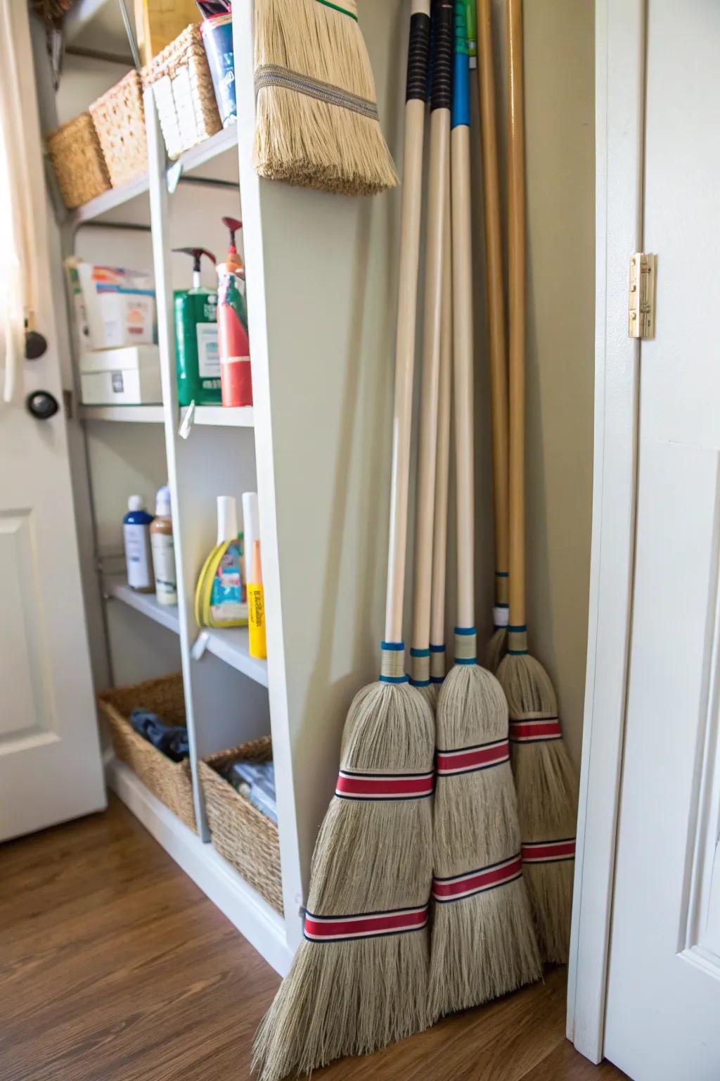 Simplify storage by using Velcro-strapped brooms.