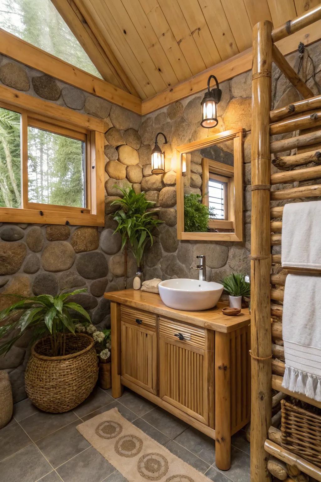 A log cabin washroom with eco-conscious bamboo embellishments to get a natural touch.