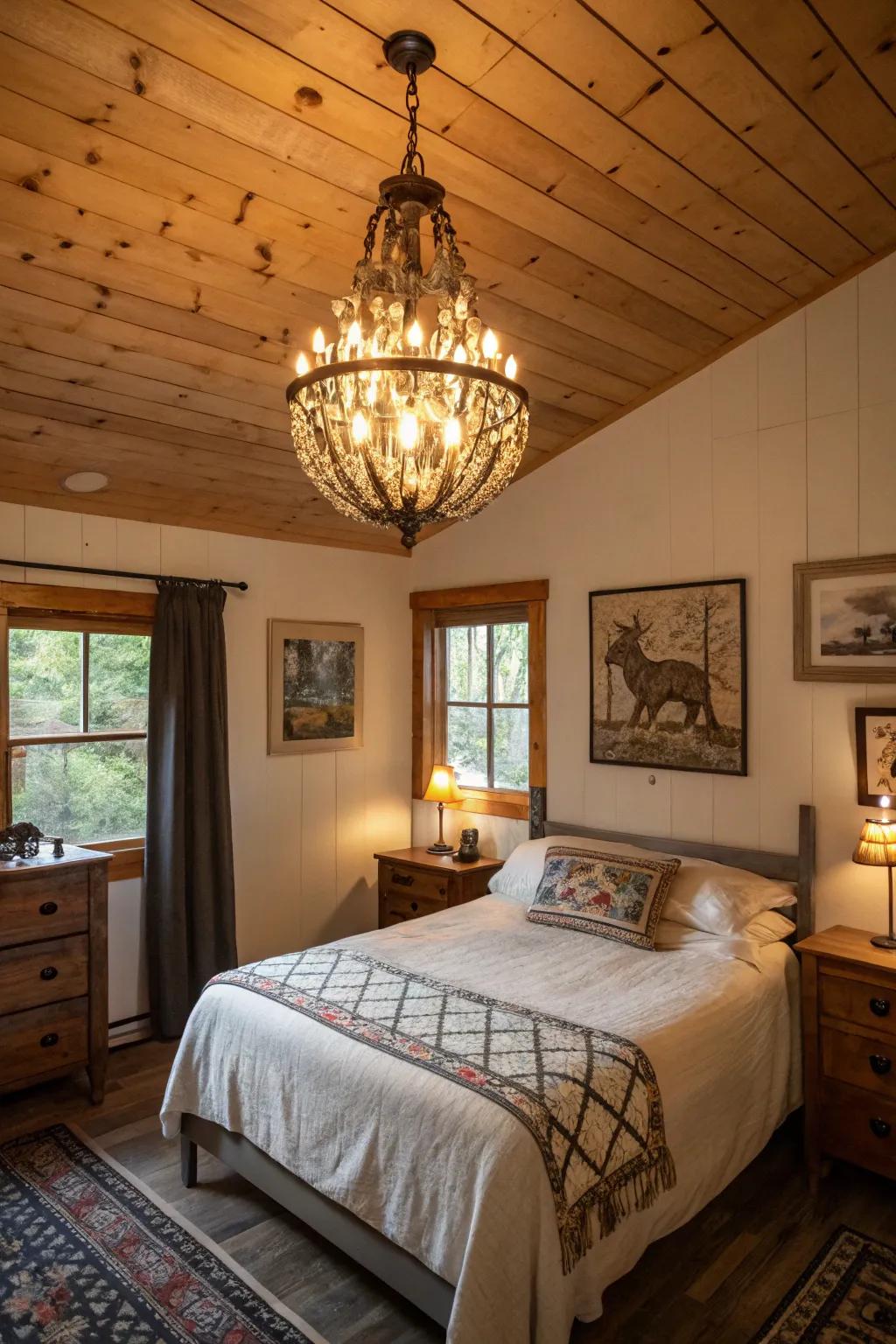 A cabin bedroom designed with a vintage chandelier and singular artwork.