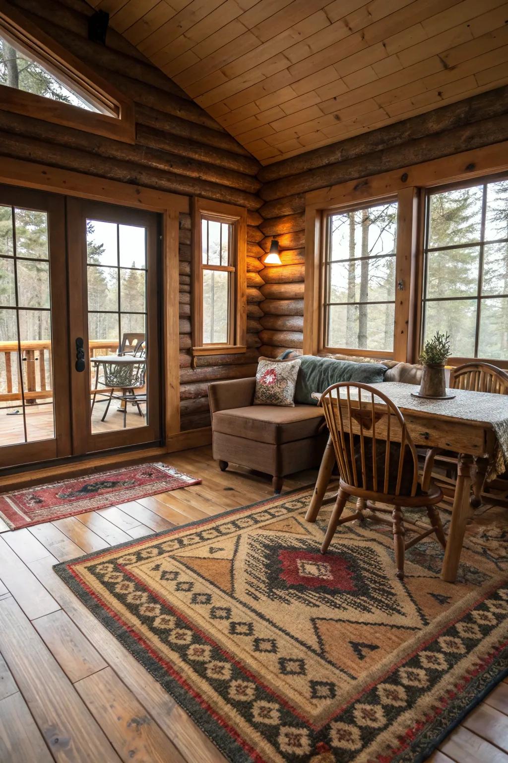 Layered floor coverings give the cabin floor texture and warmth.