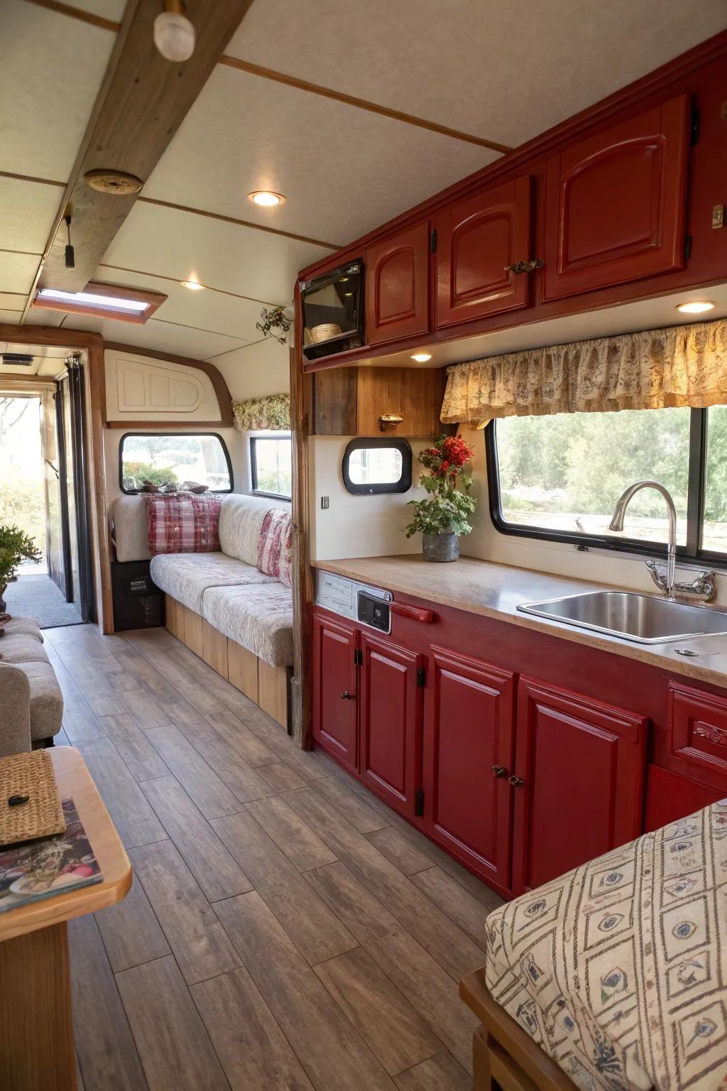 Barn red cabinets add rustic charm.