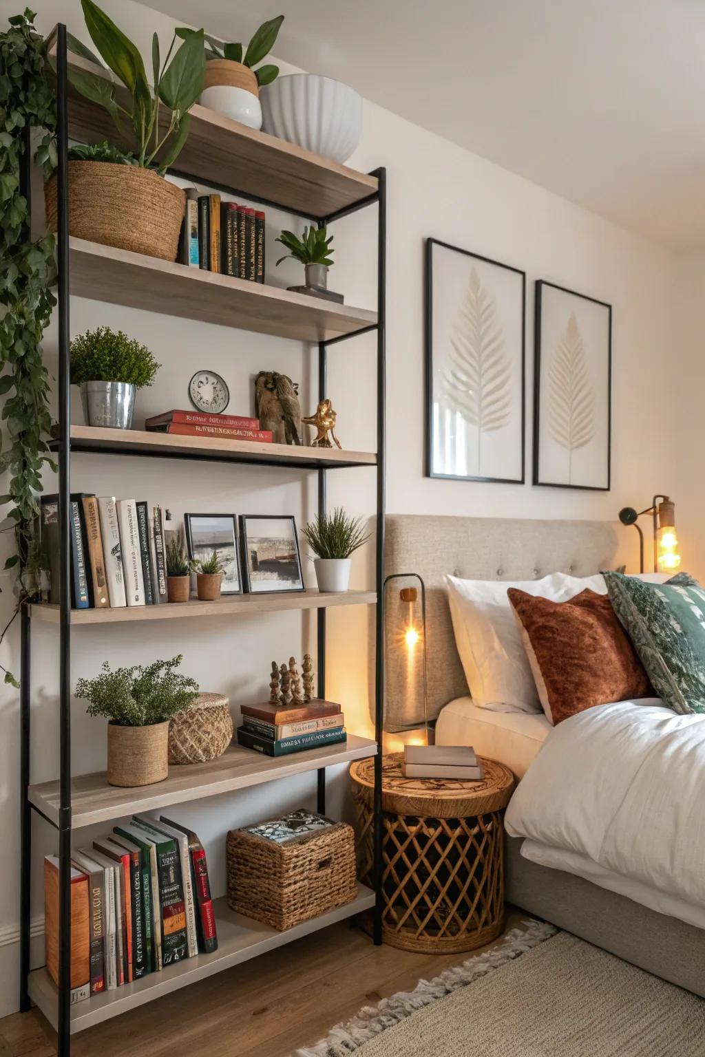 This bedroom features open shelving with carefully selected decor items on display.