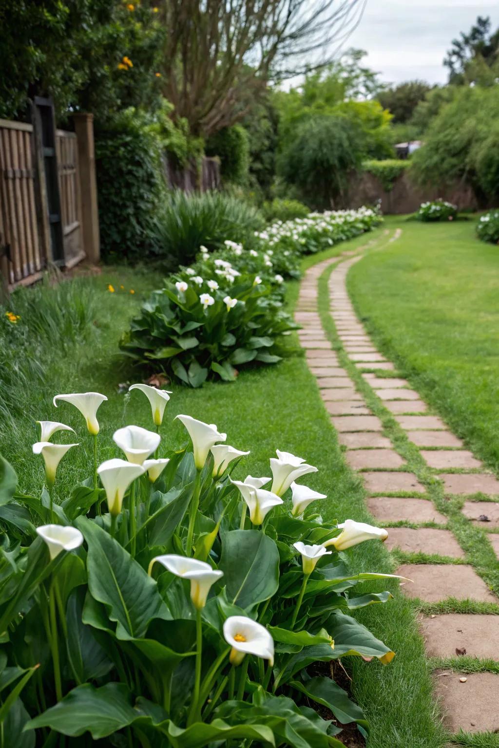 Calla lilies standing as a sustainable alternative to traditional lawns.