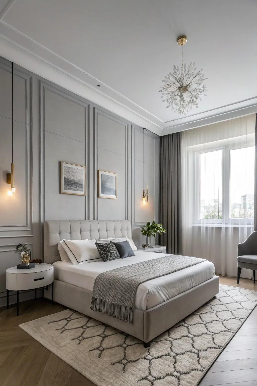 Pale grayish walls offer a sleek and calm atmosphere.