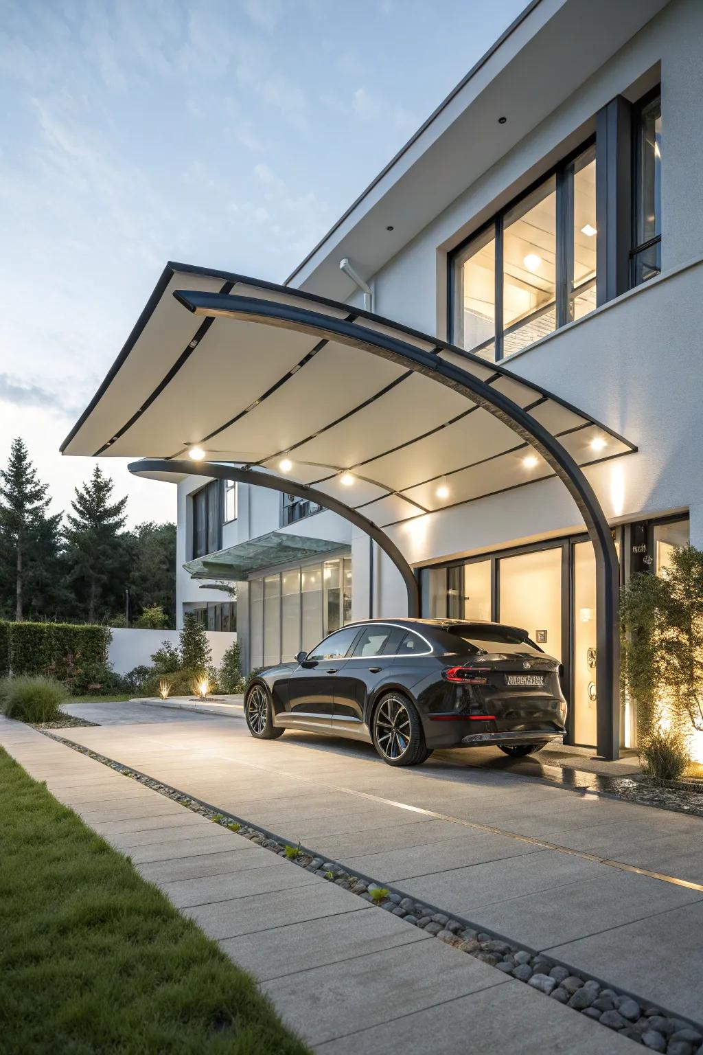 An eye-catching, futuristic carport design showing style.