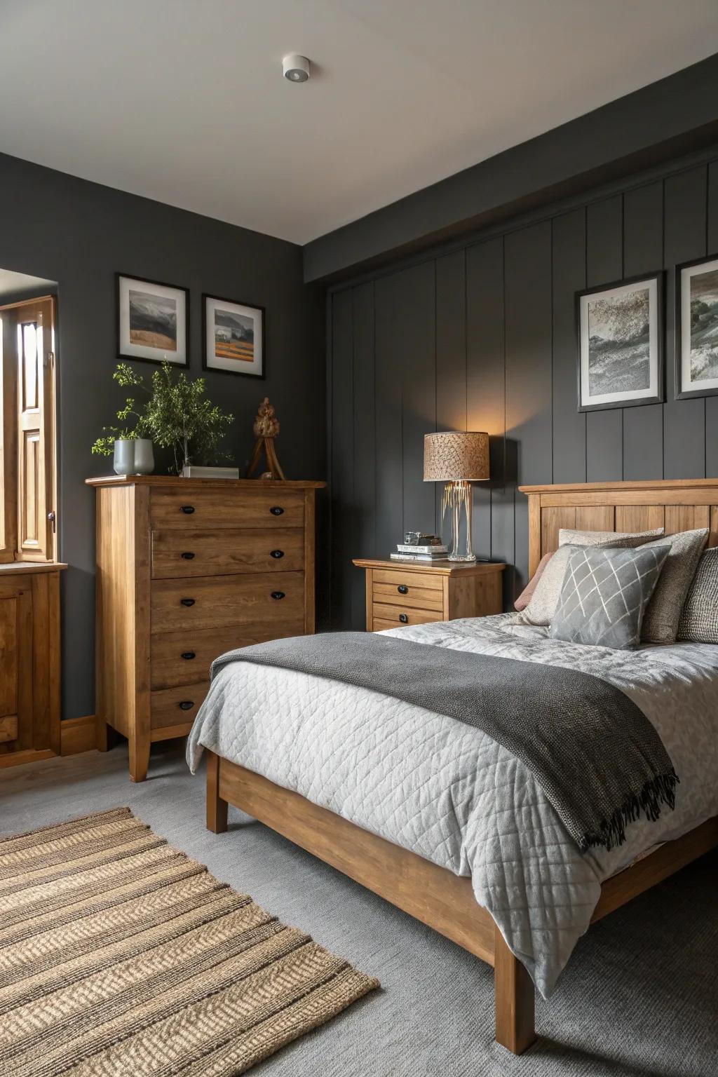 Warm woods carry coziness to a deep slate setting.