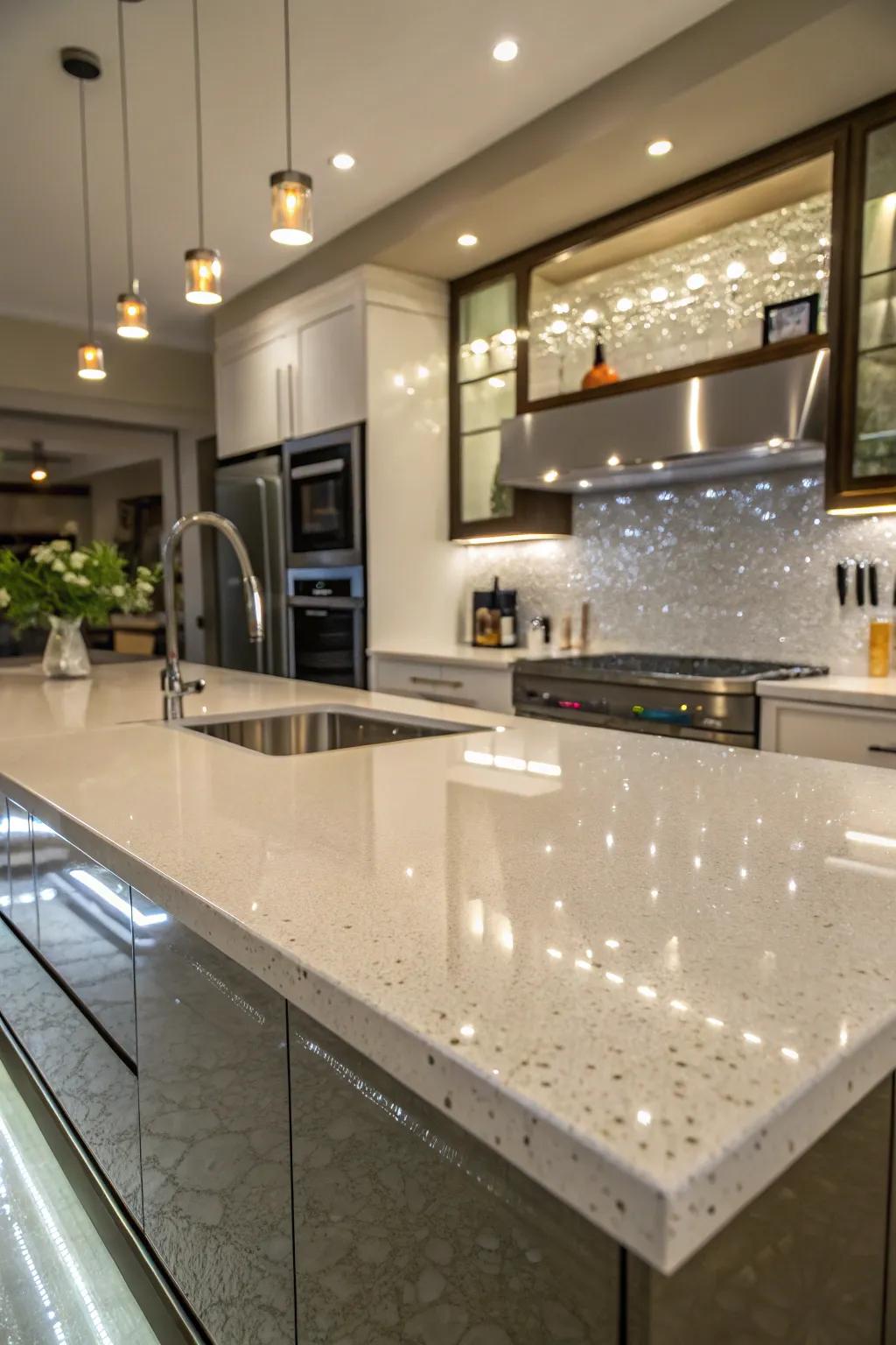 An artistic kitchen featuring high-gloss poured resin countertops.