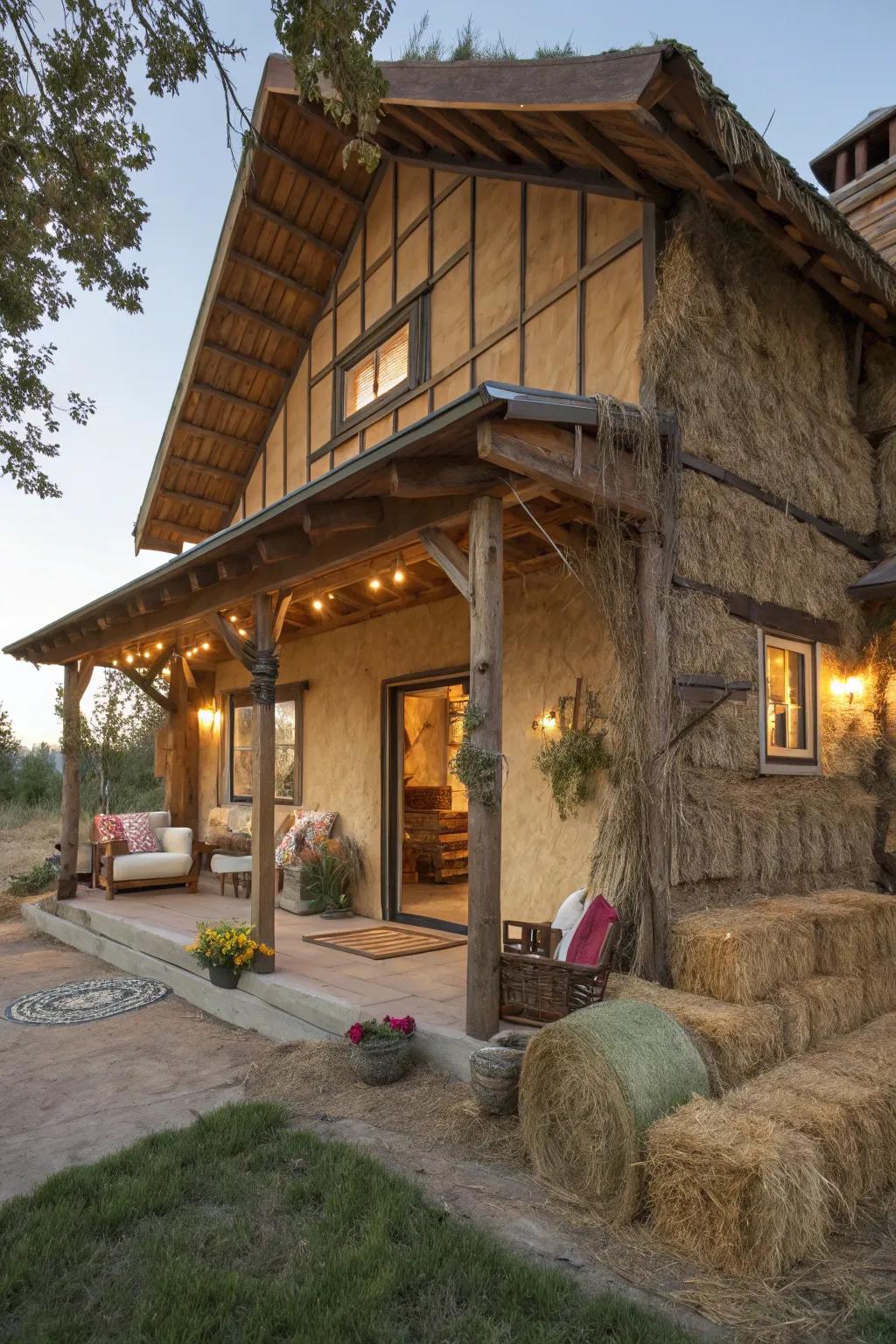 Warm and sustainable hay bale home with excellent insulation.