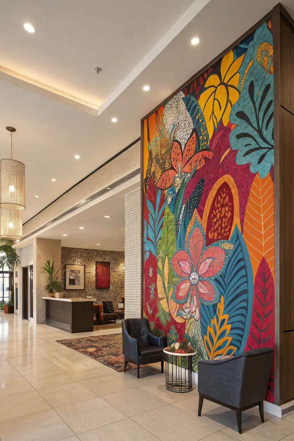 A highlight wall with bold colors and patterns adding personality to the entrance hall.