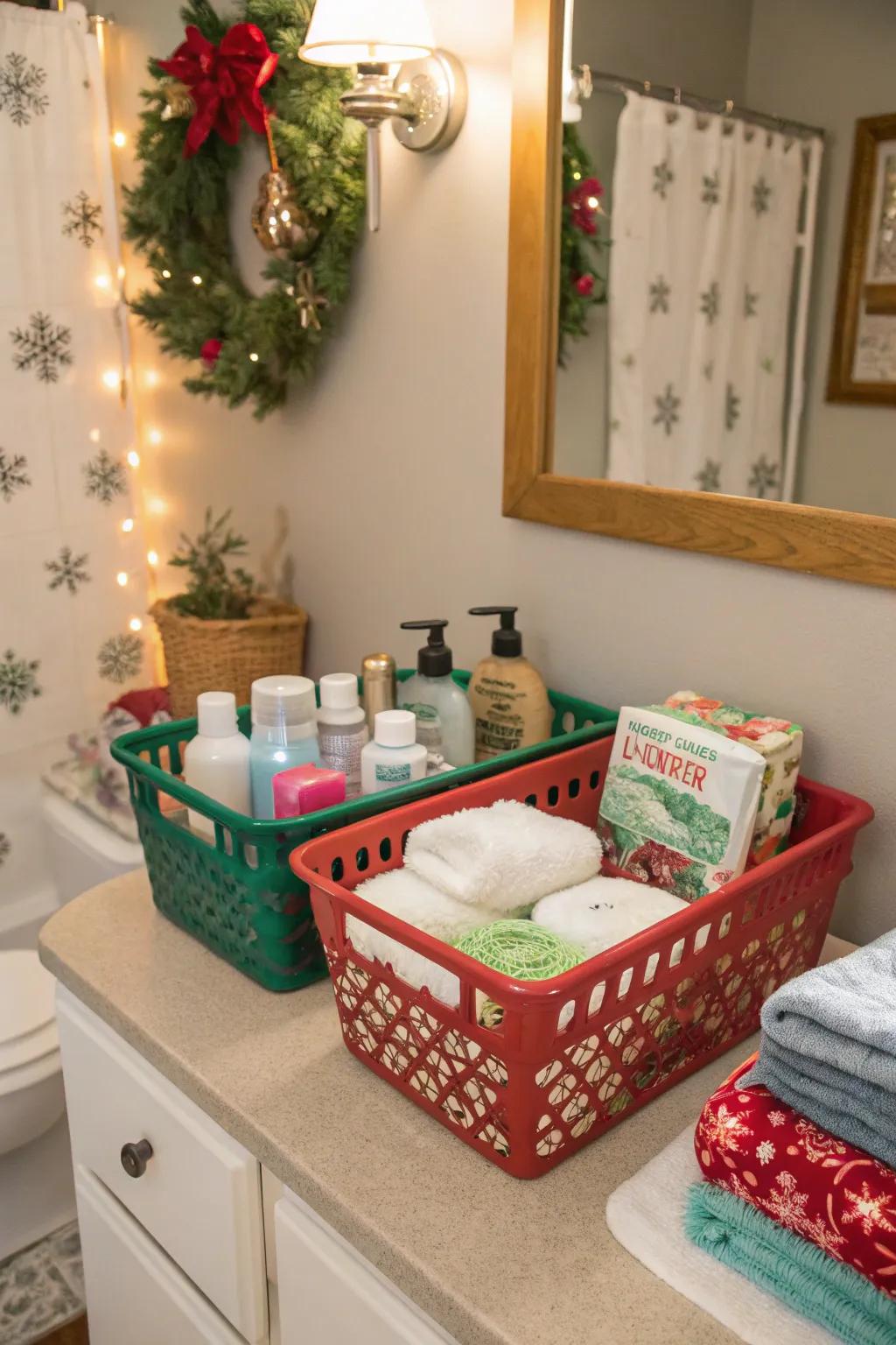 Christmas-themed storage baskets organize and enhance the holiday theme.