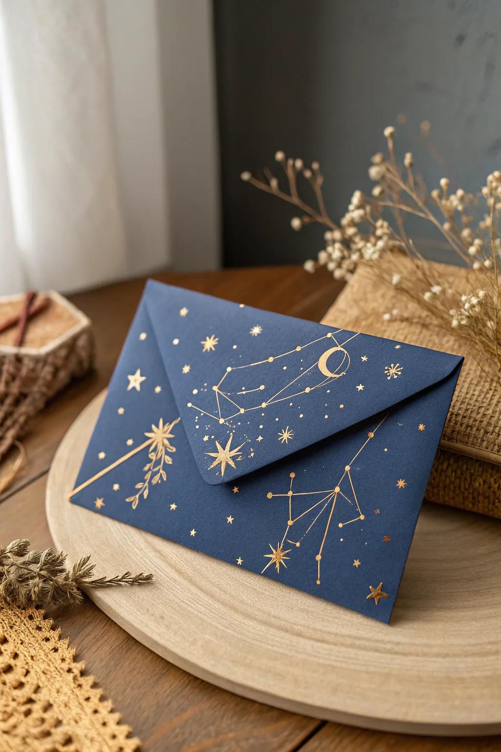 Embrace the magic of a starry Christmas midnight with this celestial envelope design.