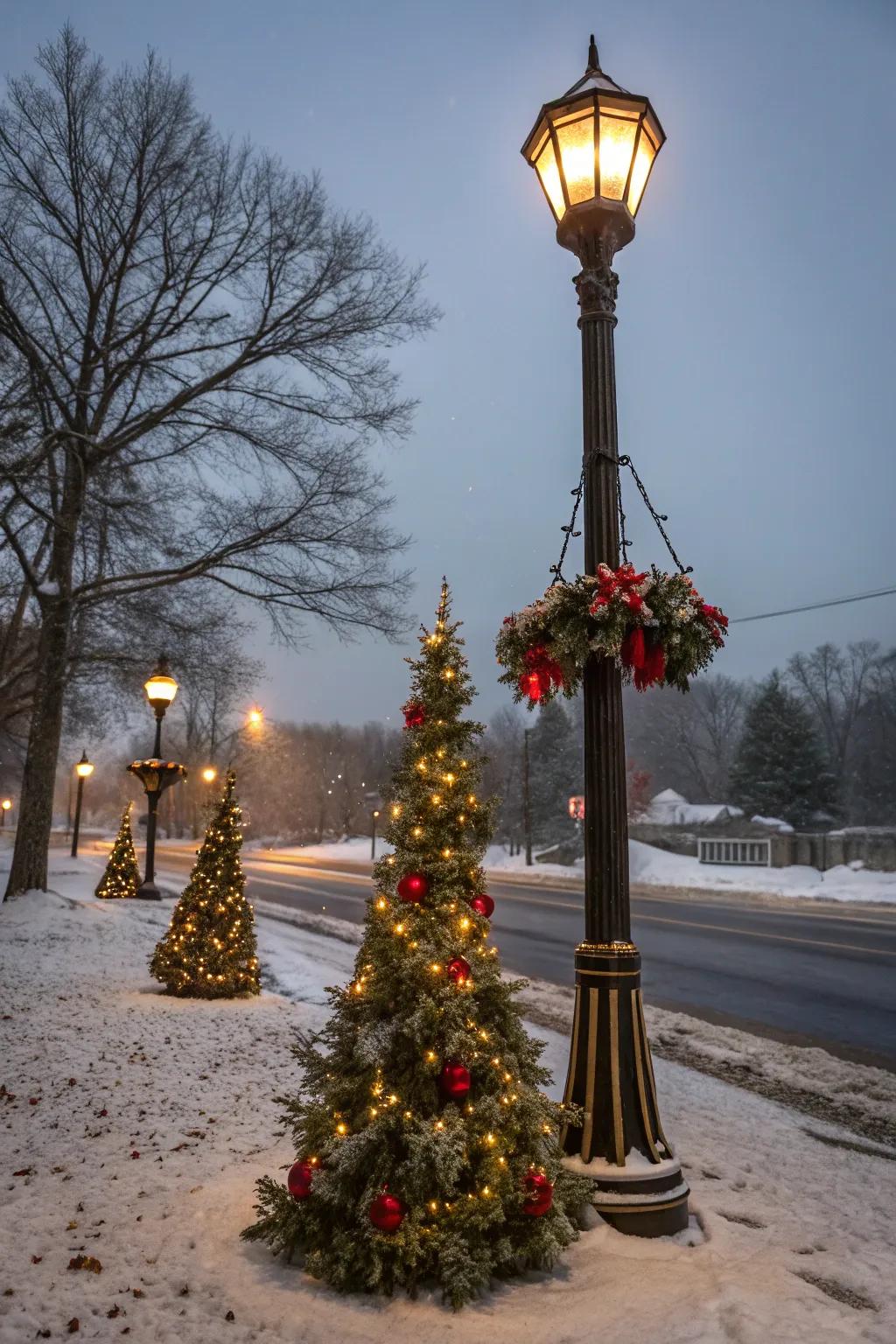 Mini Christmas trees amplify the festive charm surrounding a lamp post.