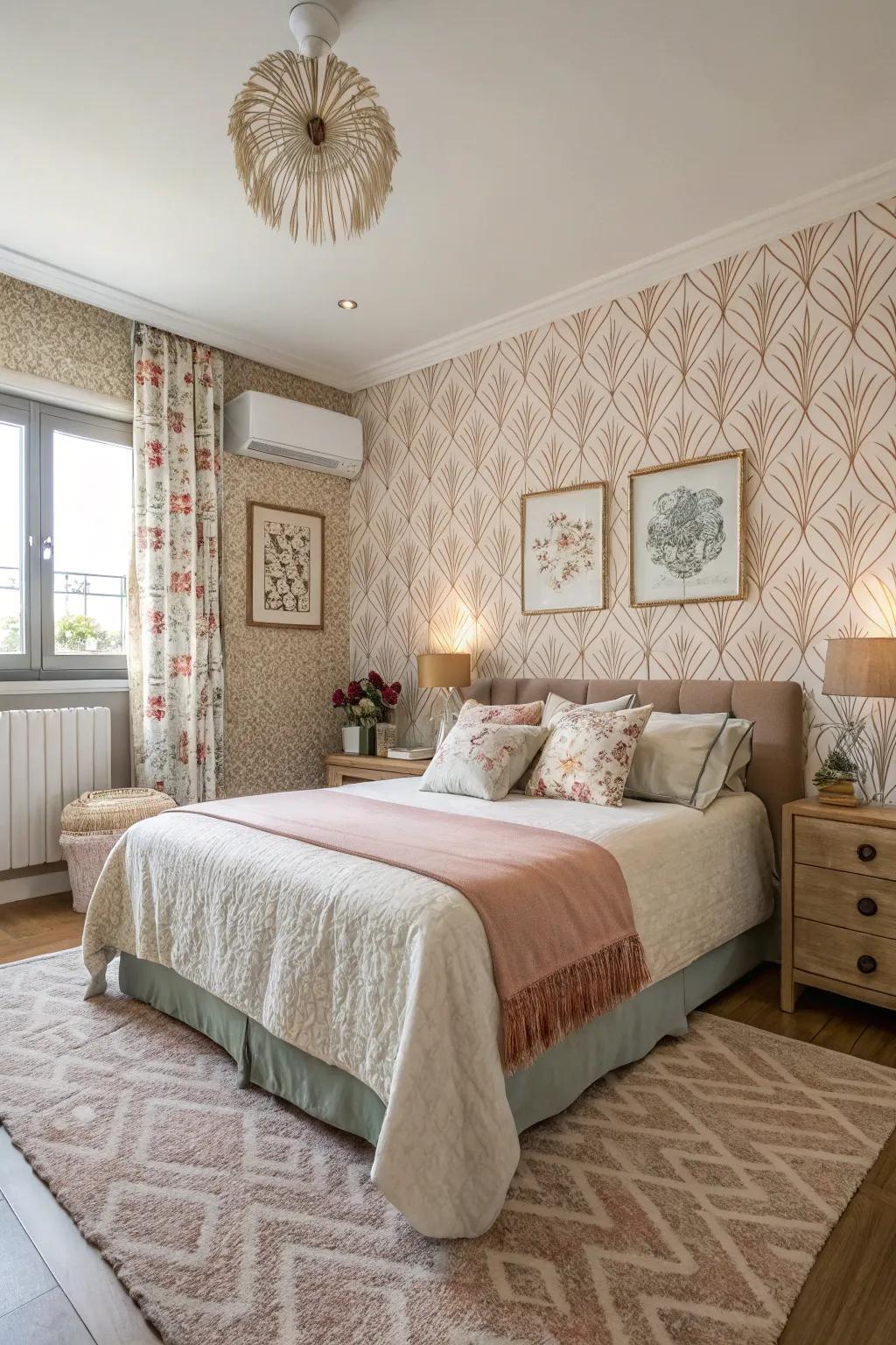 Textured wallcovering adds depth and luxury to this room.