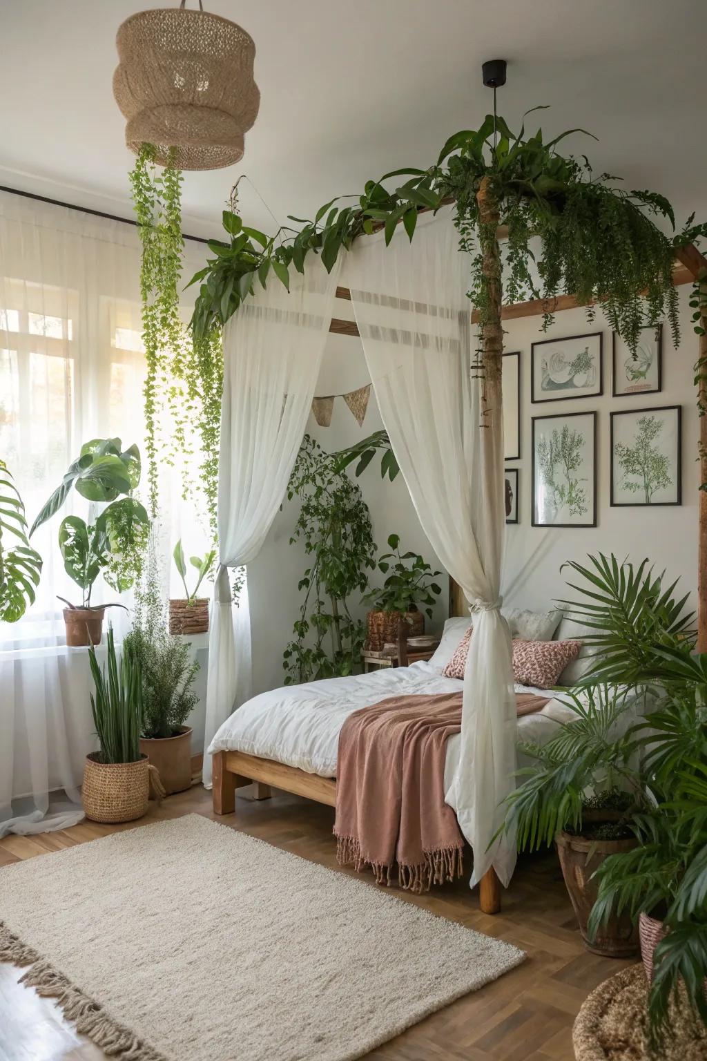 A plant-inspired motif brings freshness and life to this bedroom.