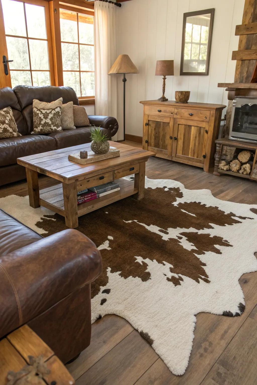Animal hide rugs contribute luxury and raw elegance within every room.