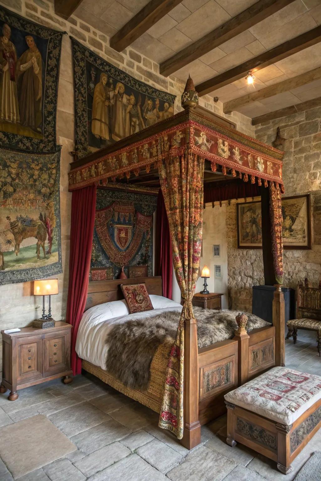 A medieval-inspired bedroom featuring regal elements.