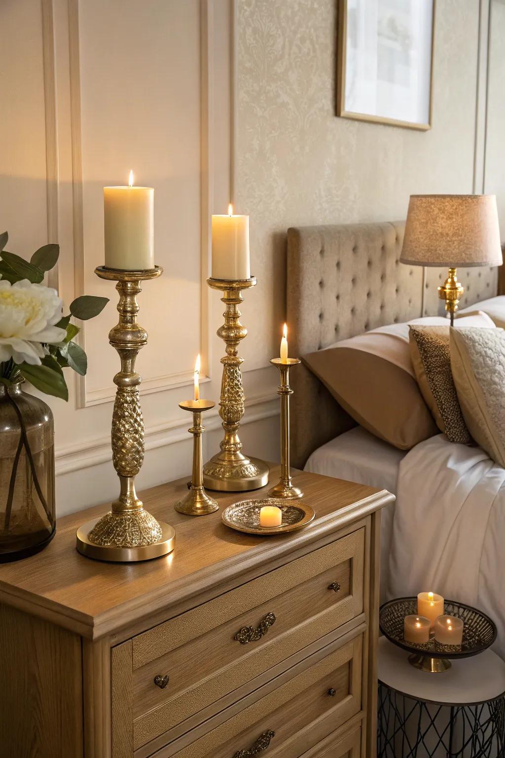 Gilt candle vessels fashion a cozy, serene ambiance.