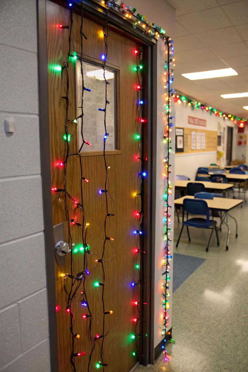 An educational doorway dazzling with kaleidoscopic holiday illumination, disseminating celebratory cheer.