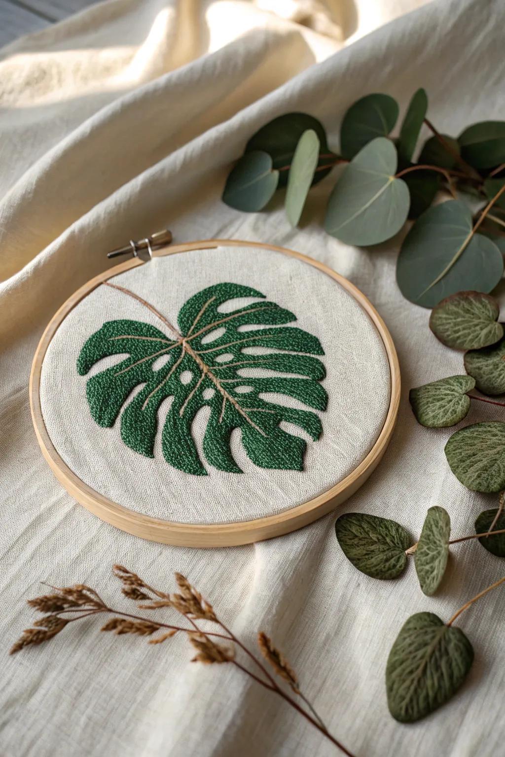Accept nature's artistry using this stunning monstera leaf cross-stitch design, great for adding a touch of green to your simple décor.