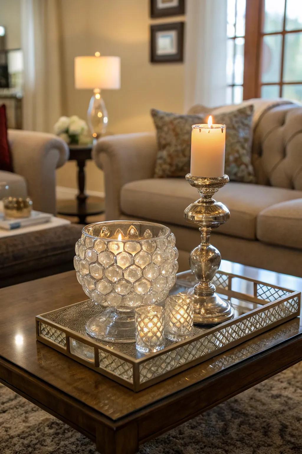 A bold crystal centerpiece commands attention on a coffee table.