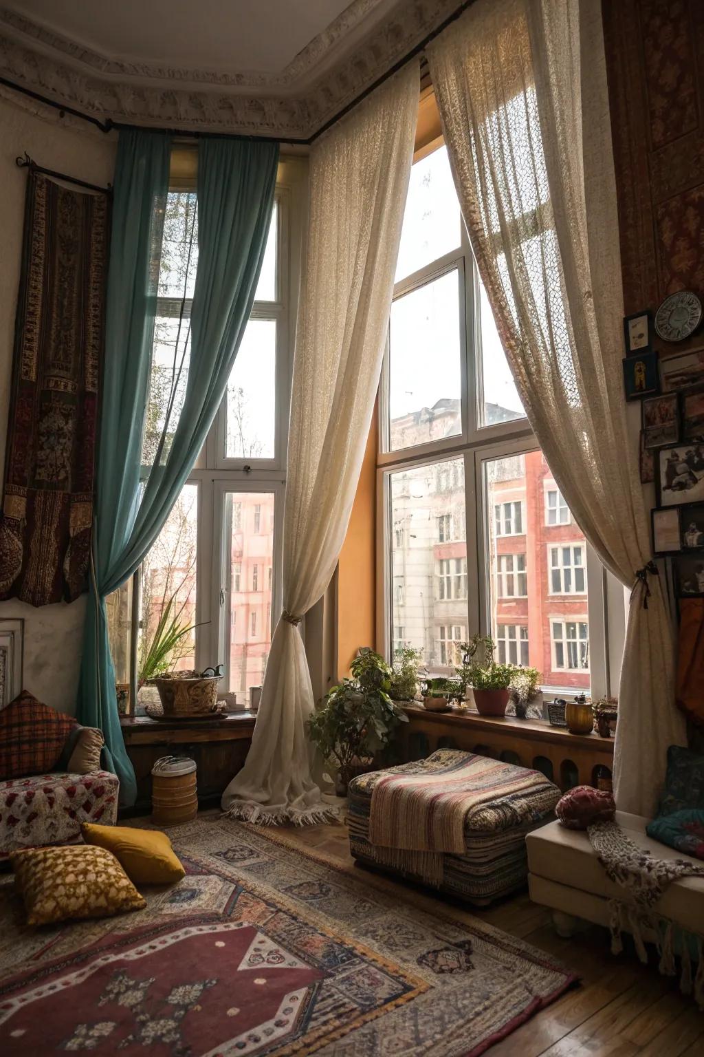 Mixing materials can create a personalized and eclectic window design.