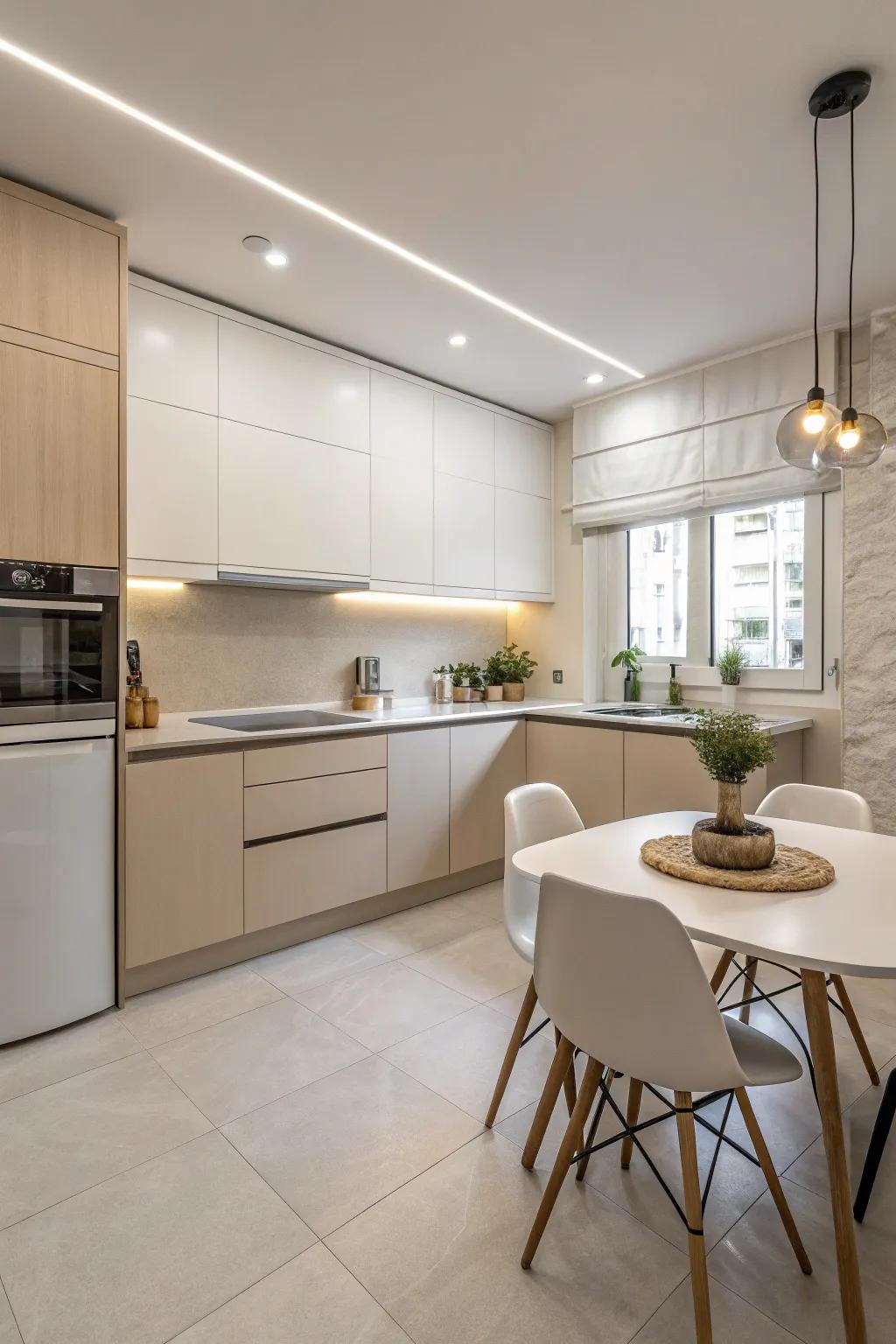 A minimalist design creates a serene and uncluttered kitchen.